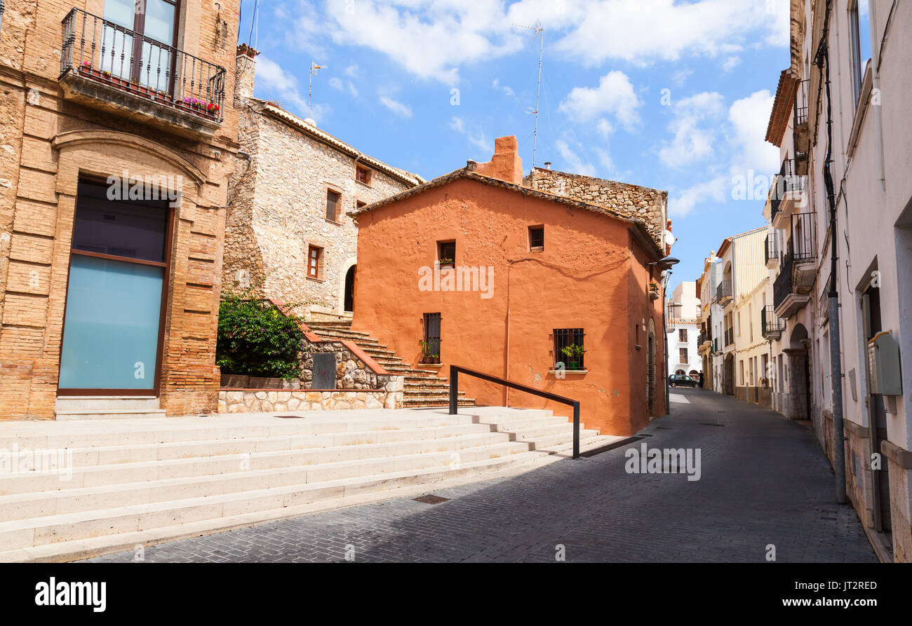 Street view with old living houses of Calafell resort town, Catalonia