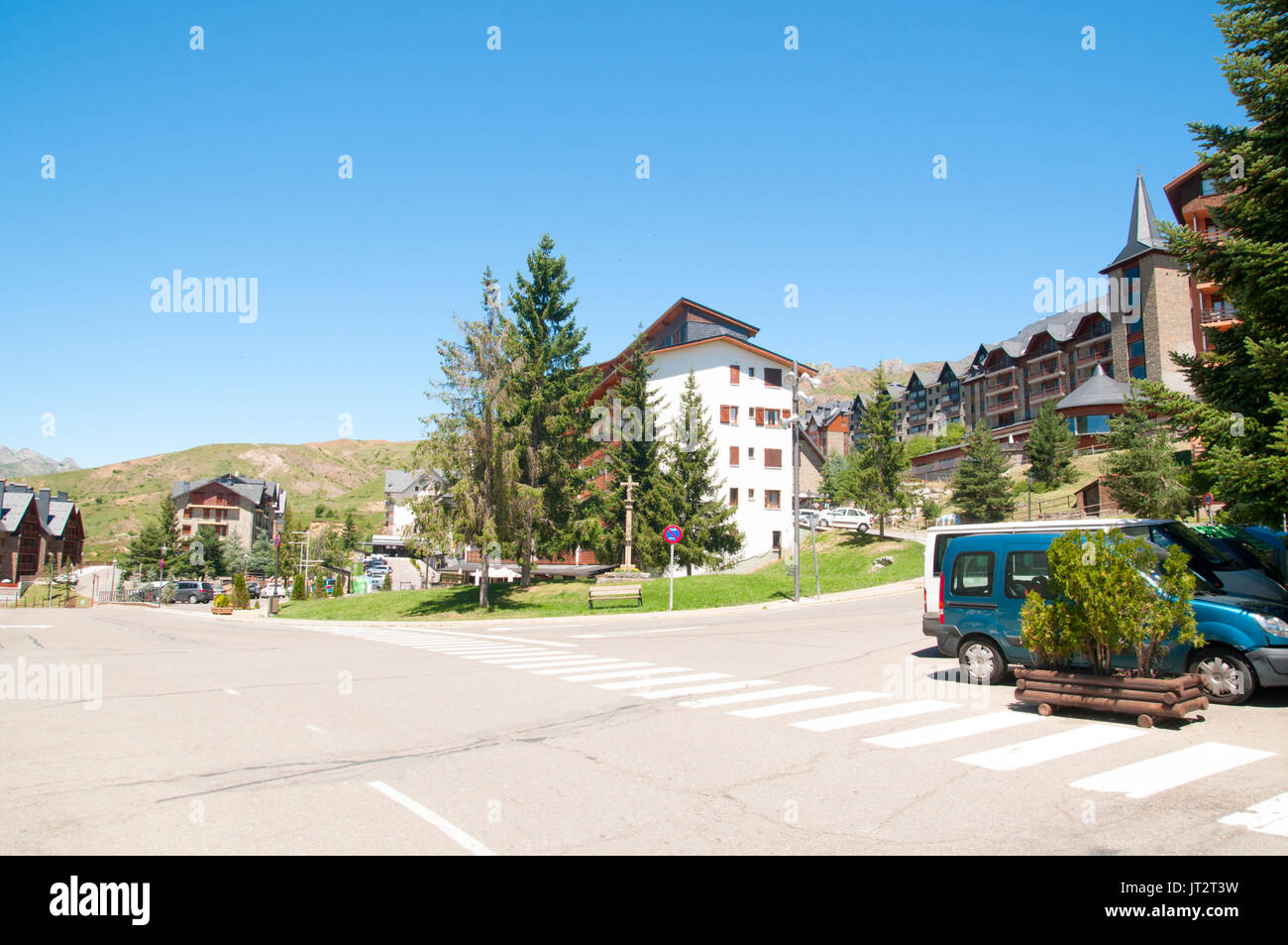 The ski resort village of Formigal (Aramón Formigal), in the Aragon Pyrenees of northeastern Spain, Stock Photo