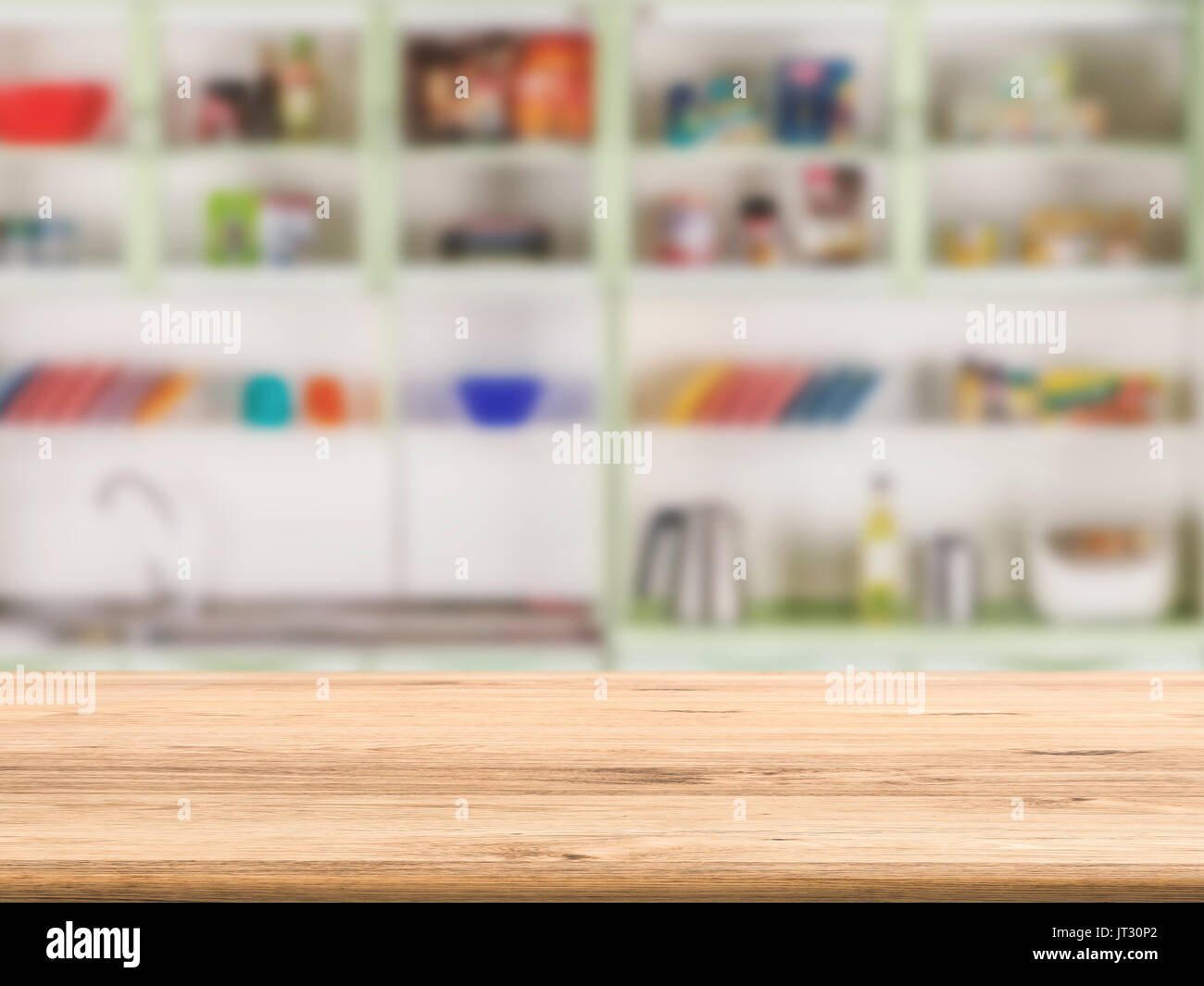 wooden counter top with kitchen cabinet background Stock Photo - Alamy