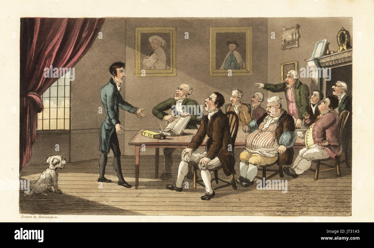 Johnny and his creditors. The poor gentlemen faces a roomful of traders and shopkeepers demanding repayment of his debts. Handcoloured copperplate engraving by Thomas Rowlandson from William Combe's The History of Johnny Quae Genus, the Little Foundling of the late Doctor Syntax, Ackermann, London, 1822. Stock Photo