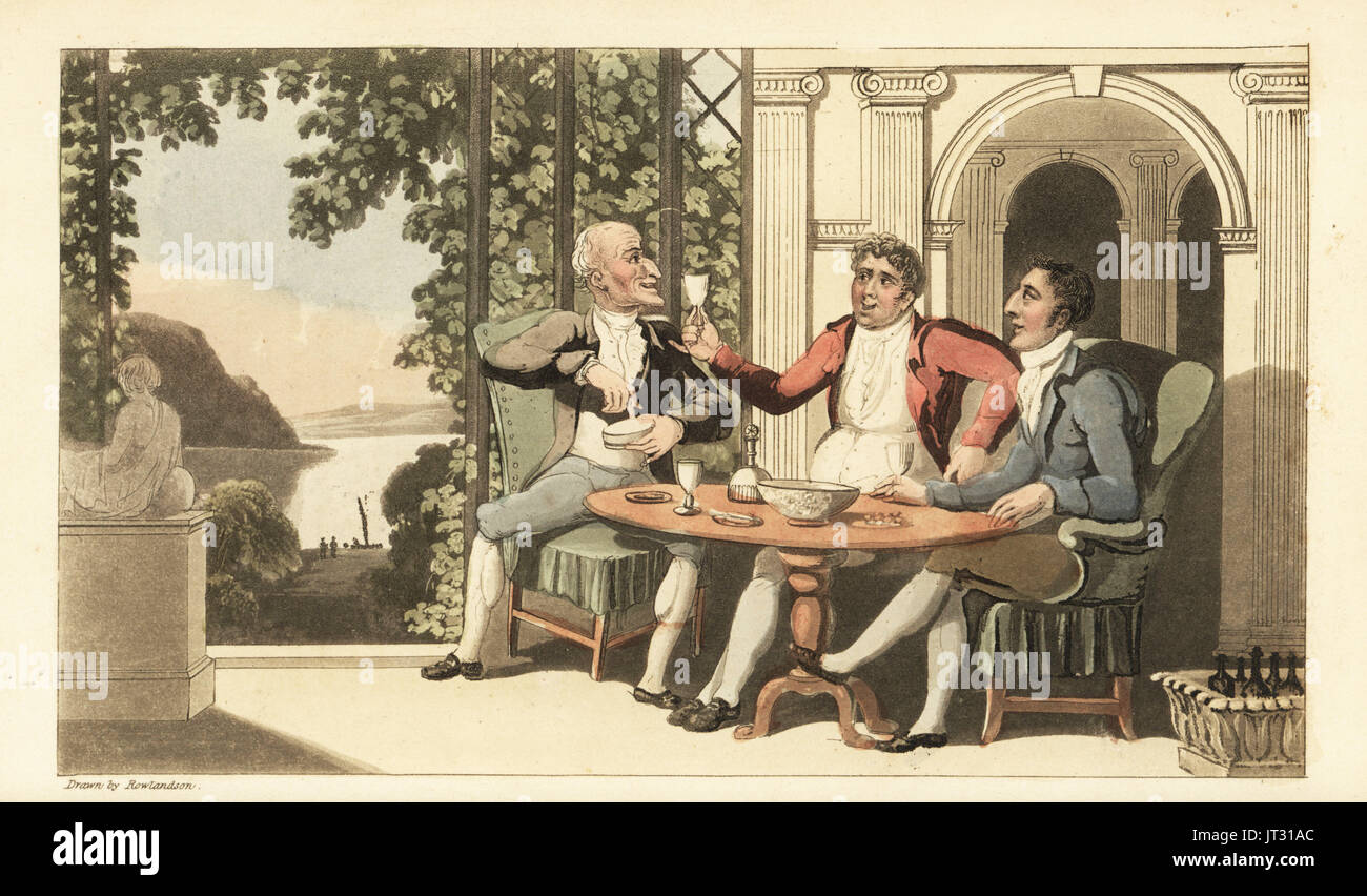 Johnny and friends drinking and singing on a terrace overlooking the River Thames. Handcoloured copperplate engraving by Thomas Rowlandson from William Combe's The History of Johnny Quae Genus, the Little Foundling of the late Doctor Syntax, Ackermann, London, 1822. Stock Photo