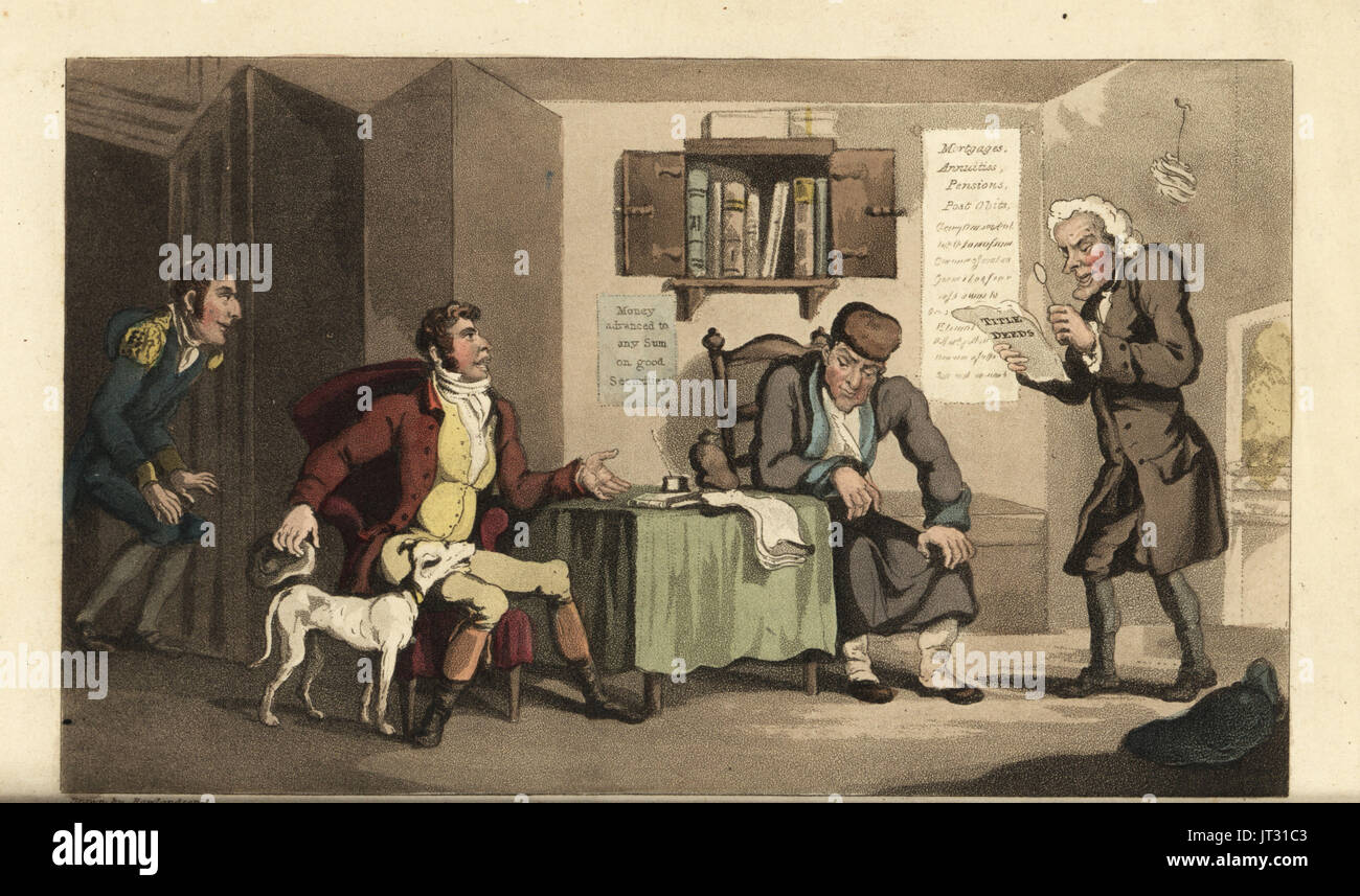 Johnny in the service of Jacob Levi, the money lender. Handcoloured copperplate engraving by Thomas Rowlandson from William Combe's The History of Johnny Quae Genus, the Little Foundling of the late Doctor Syntax, Ackermann, London, 1822. Stock Photo