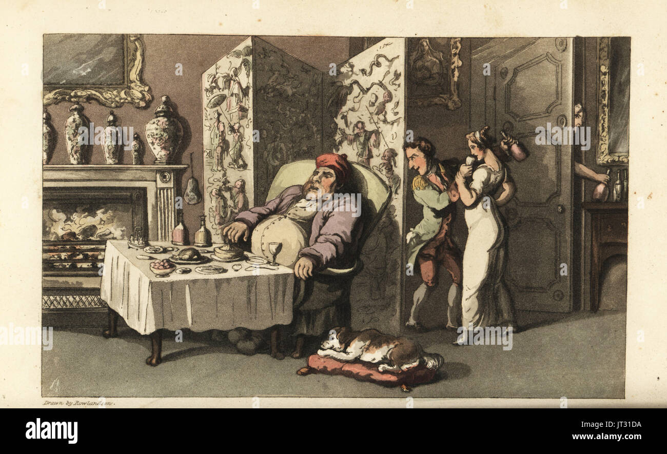 Johnny sneaking the maid Molly a glass of wine in the parlour as Sir Jeffery Gourmand sleeps at the dining table. Almost caught by another servant at the door. Handcoloured copperplate engraving by Thomas Rowlandson from William Combe's The History of Johnny Quae Genus, the Little Foundling of the late Doctor Syntax, Ackermann, London, 1822. Stock Photo