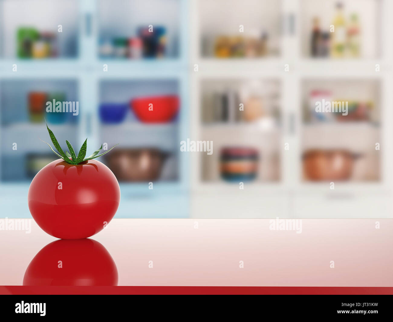 tomato on red counter with kitchen background Stock Photo - Alamy