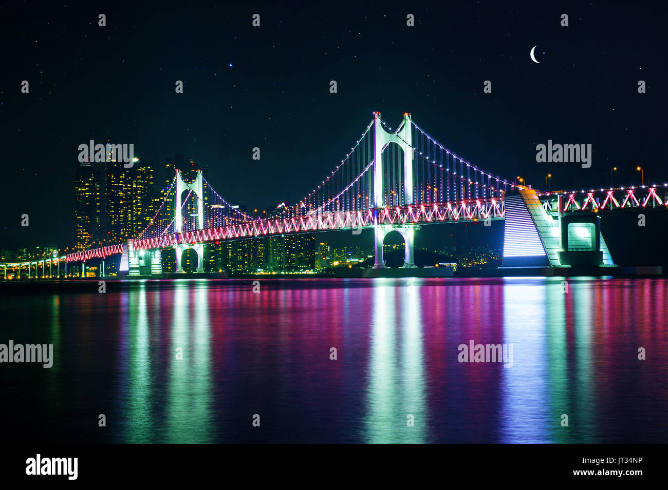 GwangAn Bridge and Haeundae at night in Busan,Korea Stock Photo