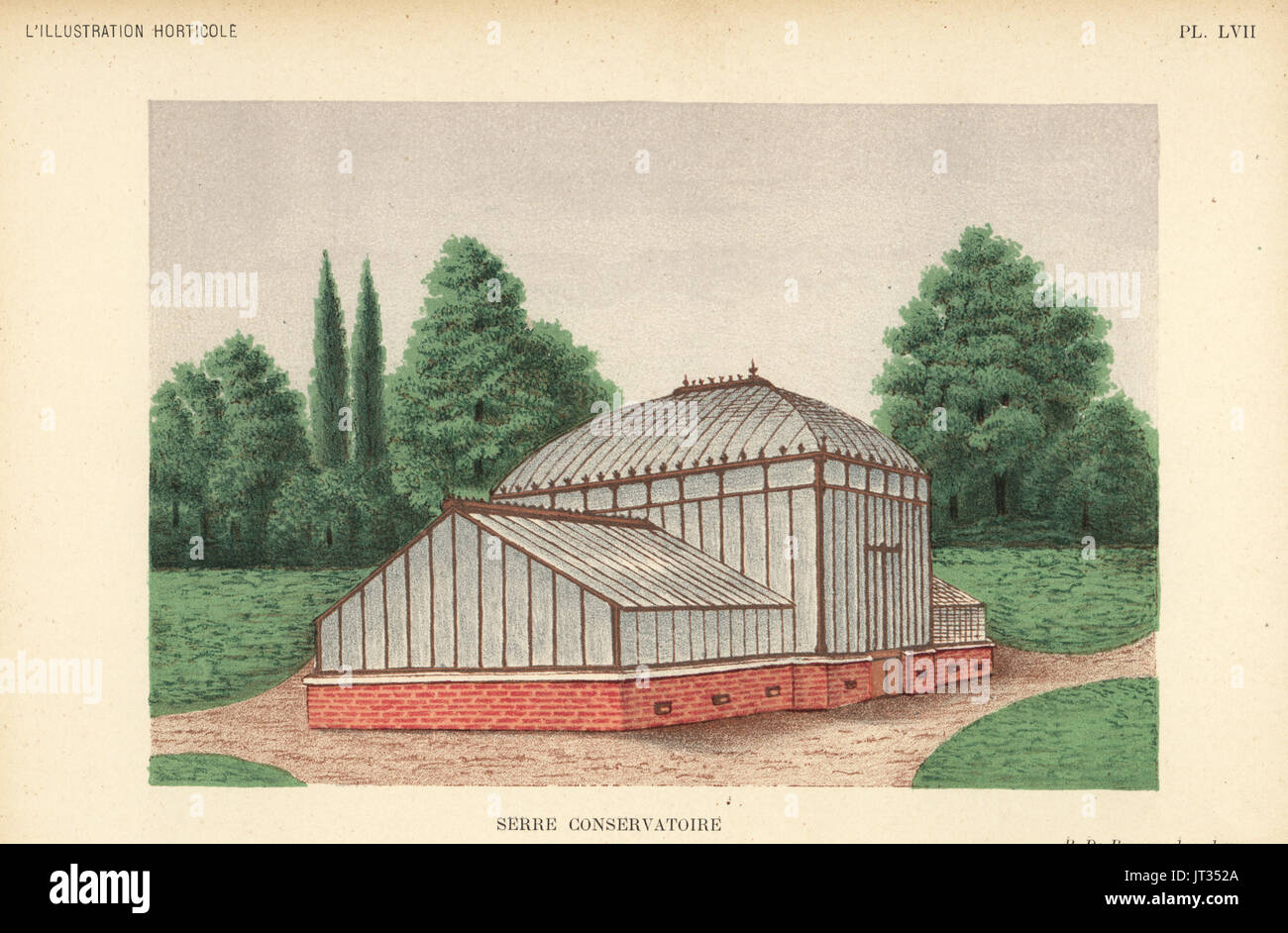 Garden architecture, greenhouse or conservatory in a park. Chromolithograph from Jean Linden's l'Illustration Horticole, Brussels, 1896. Stock Photo