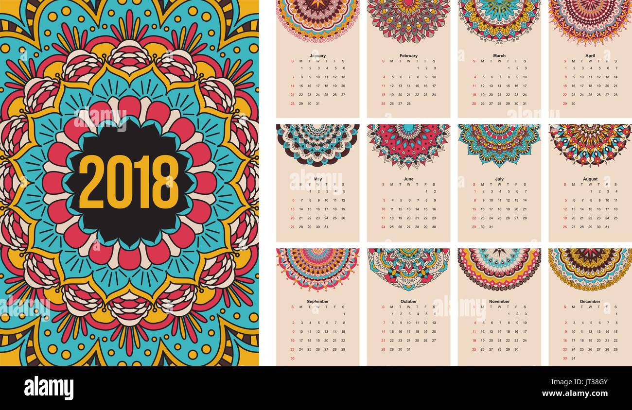 Calendar mandala 2018 Stock Vector