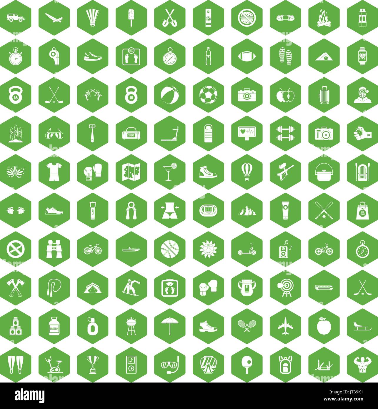 100 active life icons hexagon green Stock Vector