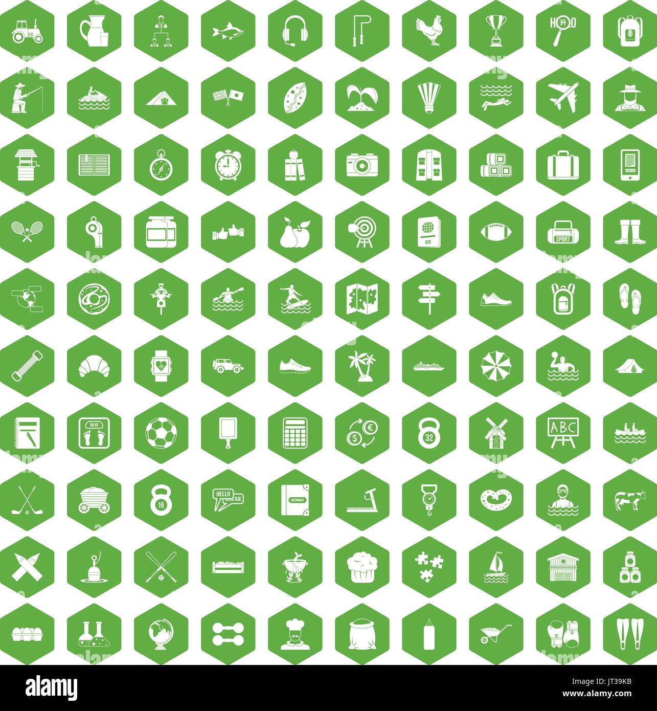 100 activity icons hexagon green Stock Vector