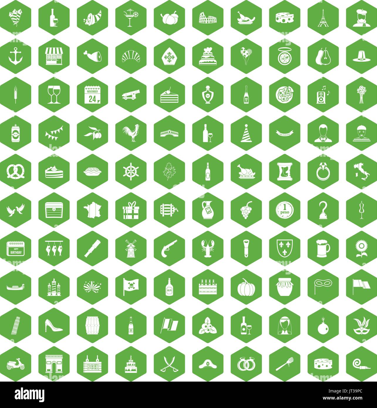 100 alcohol icons hexagon green Stock Vector