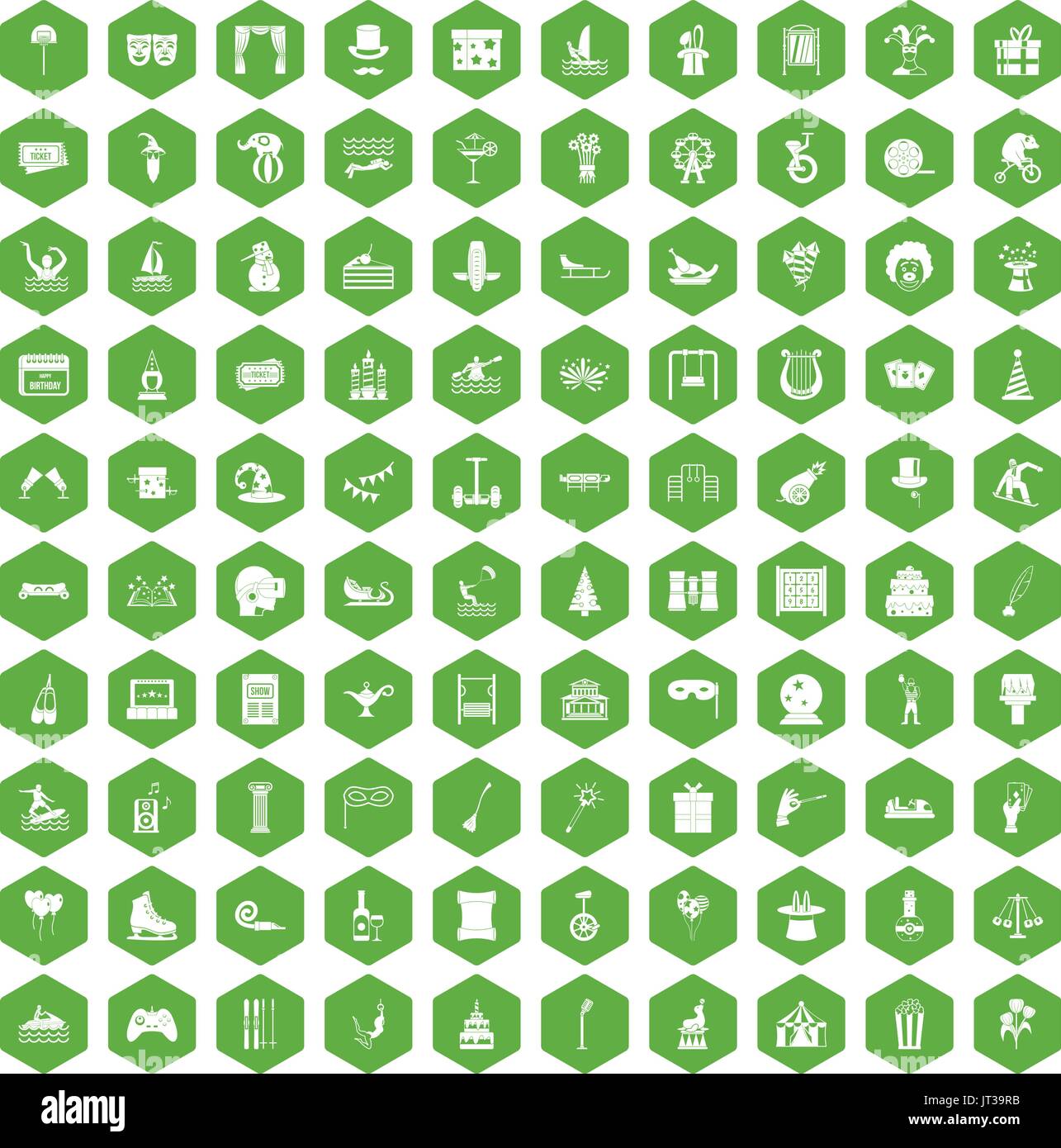 100 amusement icons hexagon green Stock Vector