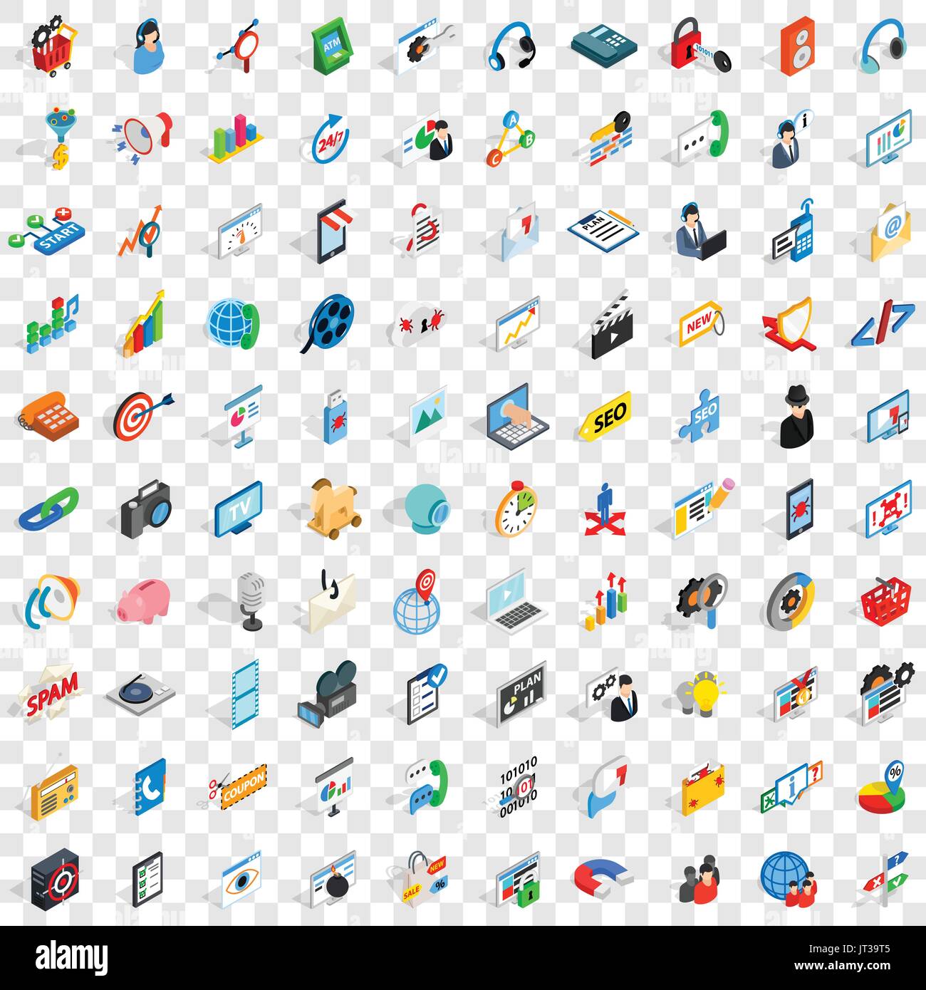 100 seo icons set, isometric 3d style Stock Vector