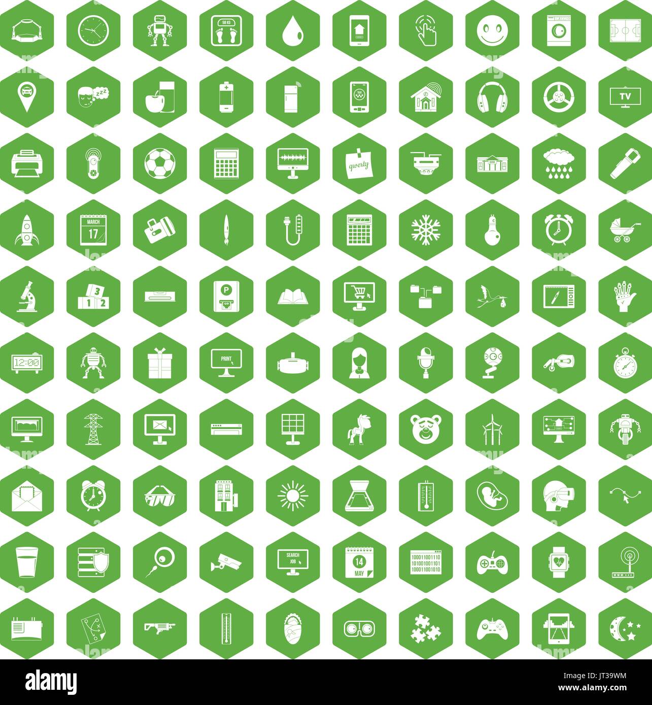 100 app icons hexagon green Stock Vector