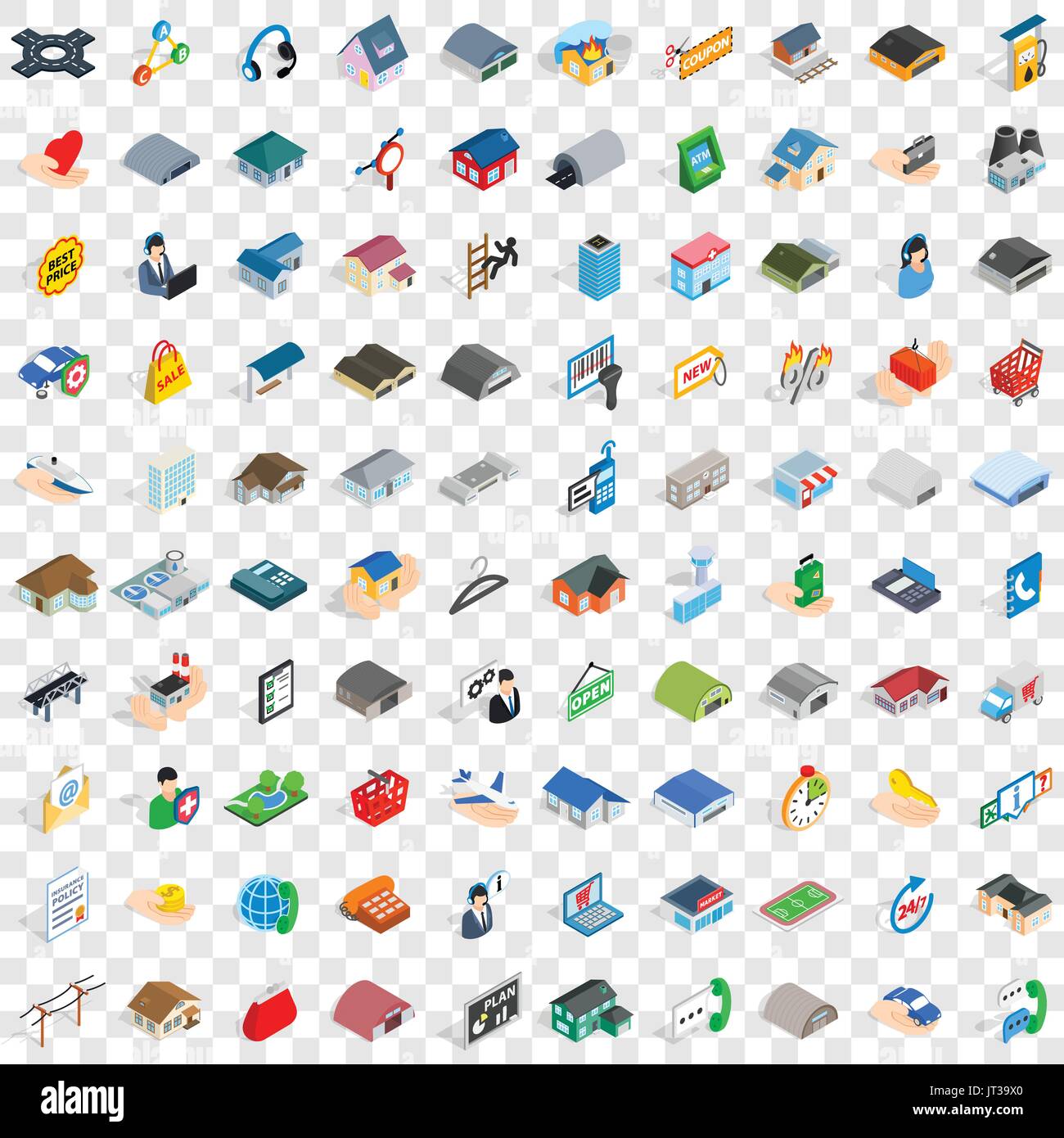 100 shed icons set, isometric 3d style Stock Vector