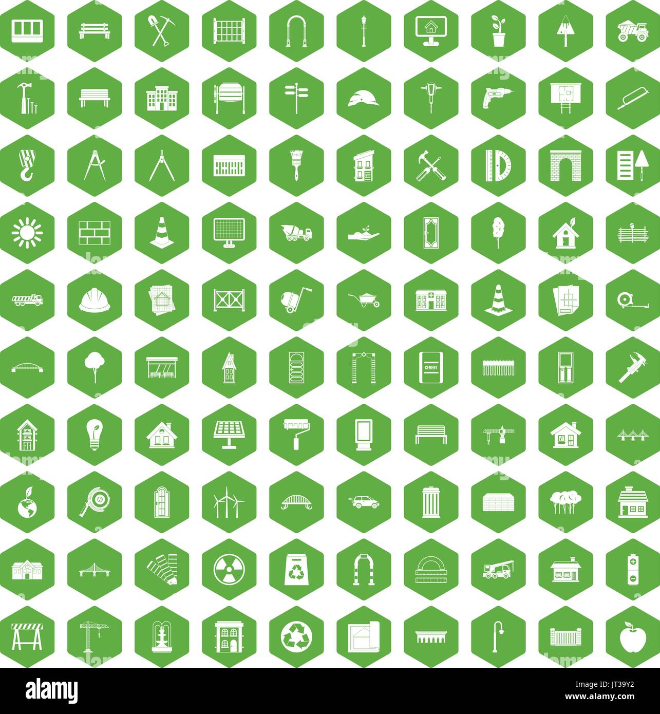 100 architecture icons hexagon green Stock Vector