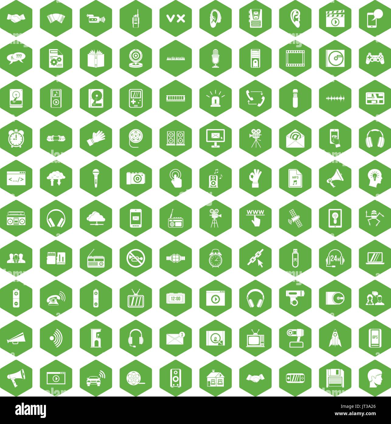 100 audio icons hexagon green Stock Vector