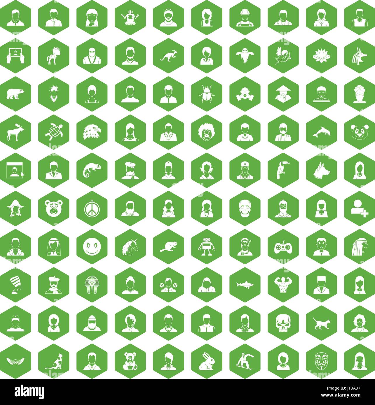 100 avatar icons hexagon green Stock Vector