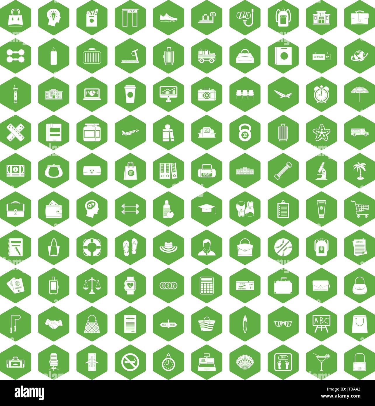 100 bag icons hexagon green Stock Vector