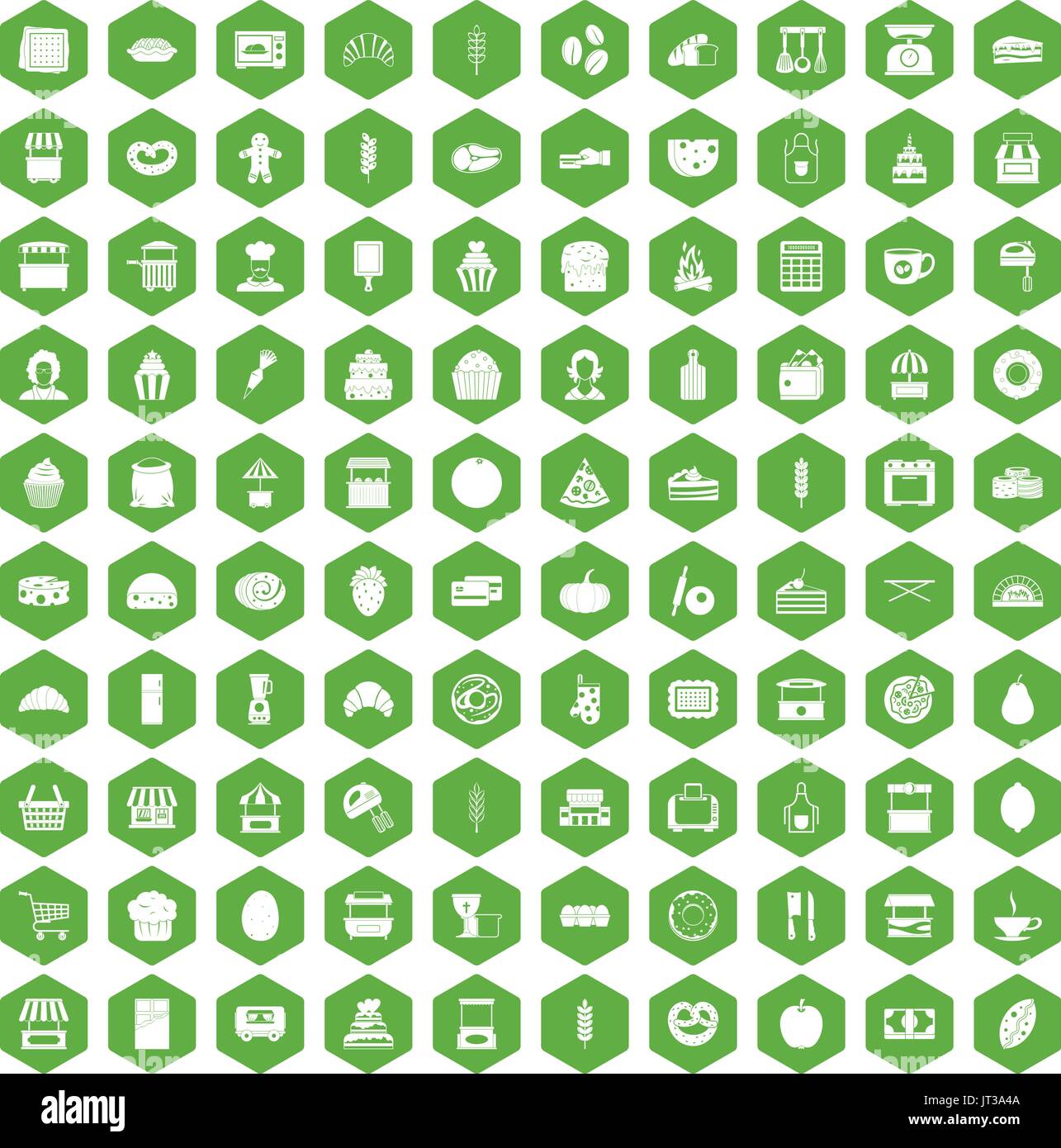 100 bakery icons hexagon green Stock Vector