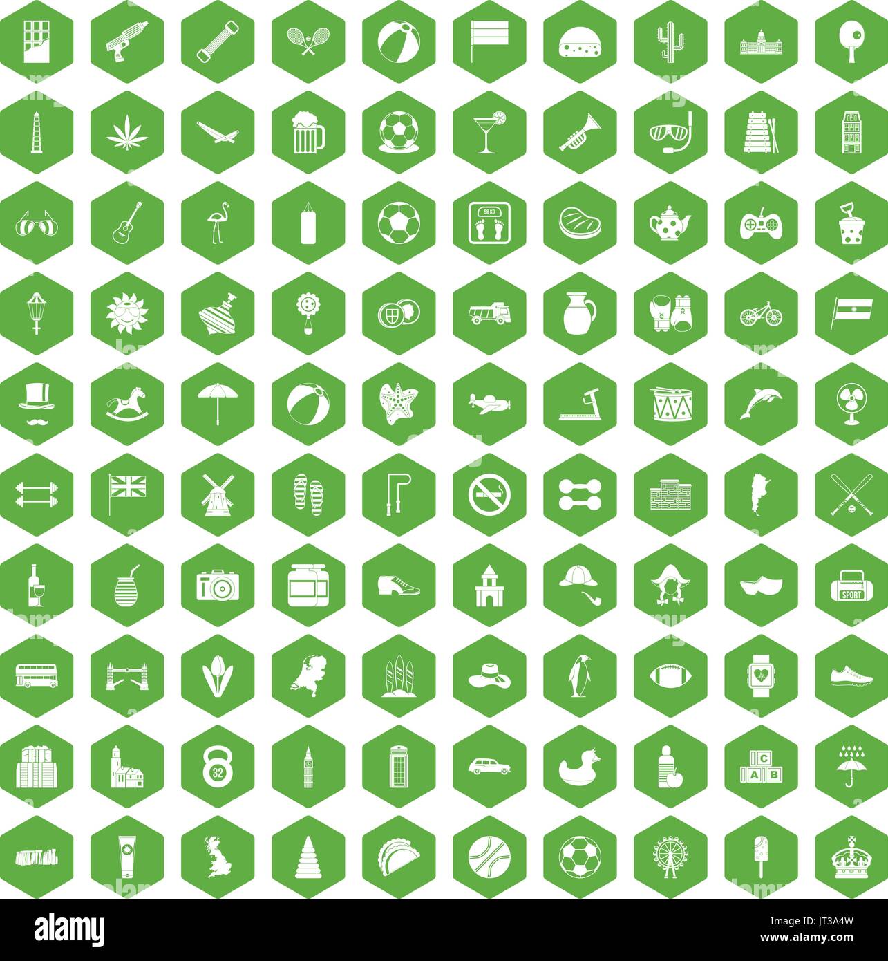 100 ball icons hexagon green Stock Vector