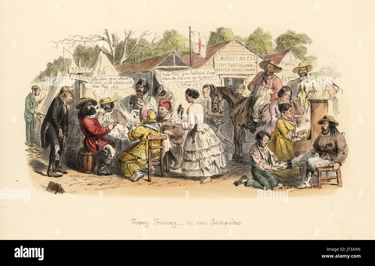 Topsy Turvey, or our Antipodes, 1854. Refined English ladies in crinolines waiting on rough and unkempt gold prospectors in Australia during the Gold Rush. Handcoloured etching by John Leech from Follies of the Year, from Punch’s Pocket Books, Bradbury, London, 1864. Stock Photo