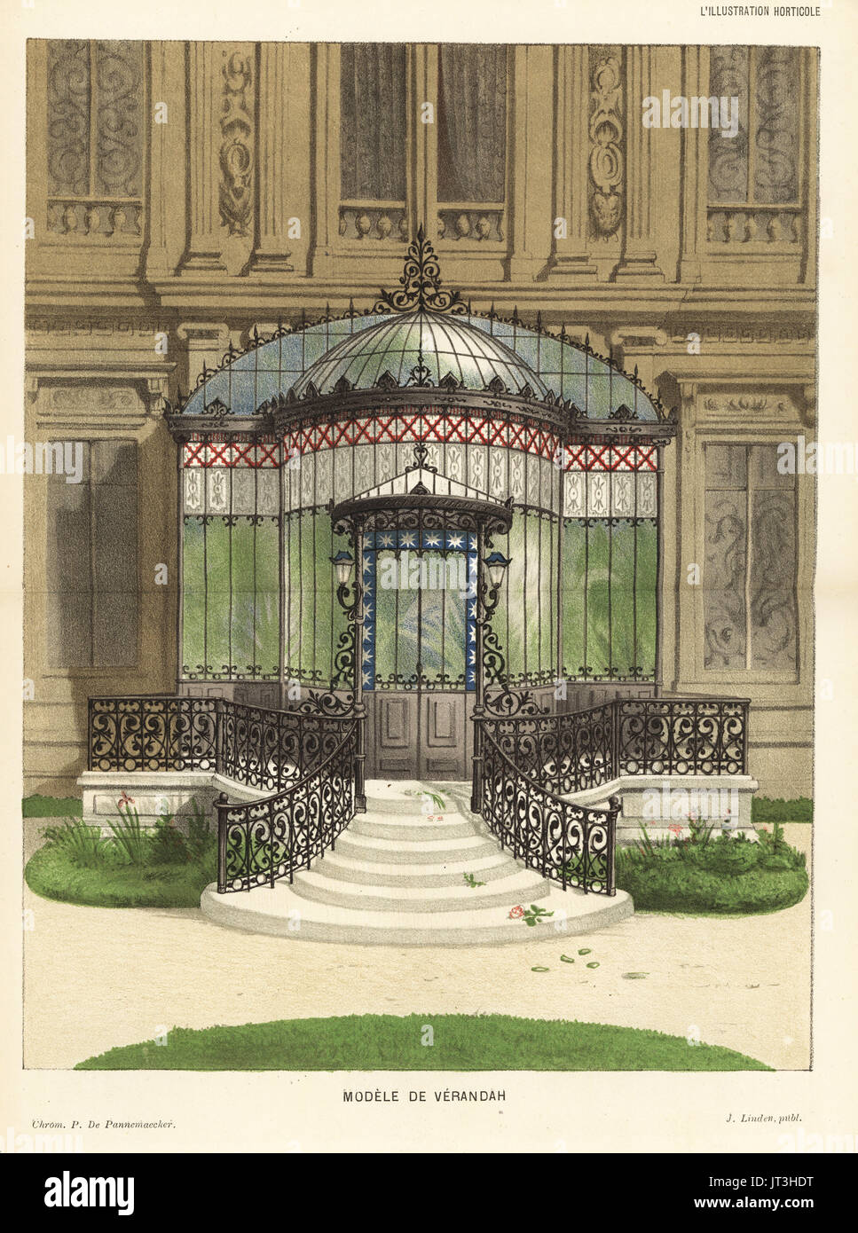 Verandah with stairs and wrought-iron work leading out to a garden. Chromolithograph by Pieter de Pannemaeker from Jean Linden's l'Illustration Horticole, Brussels, 1884. Stock Photo