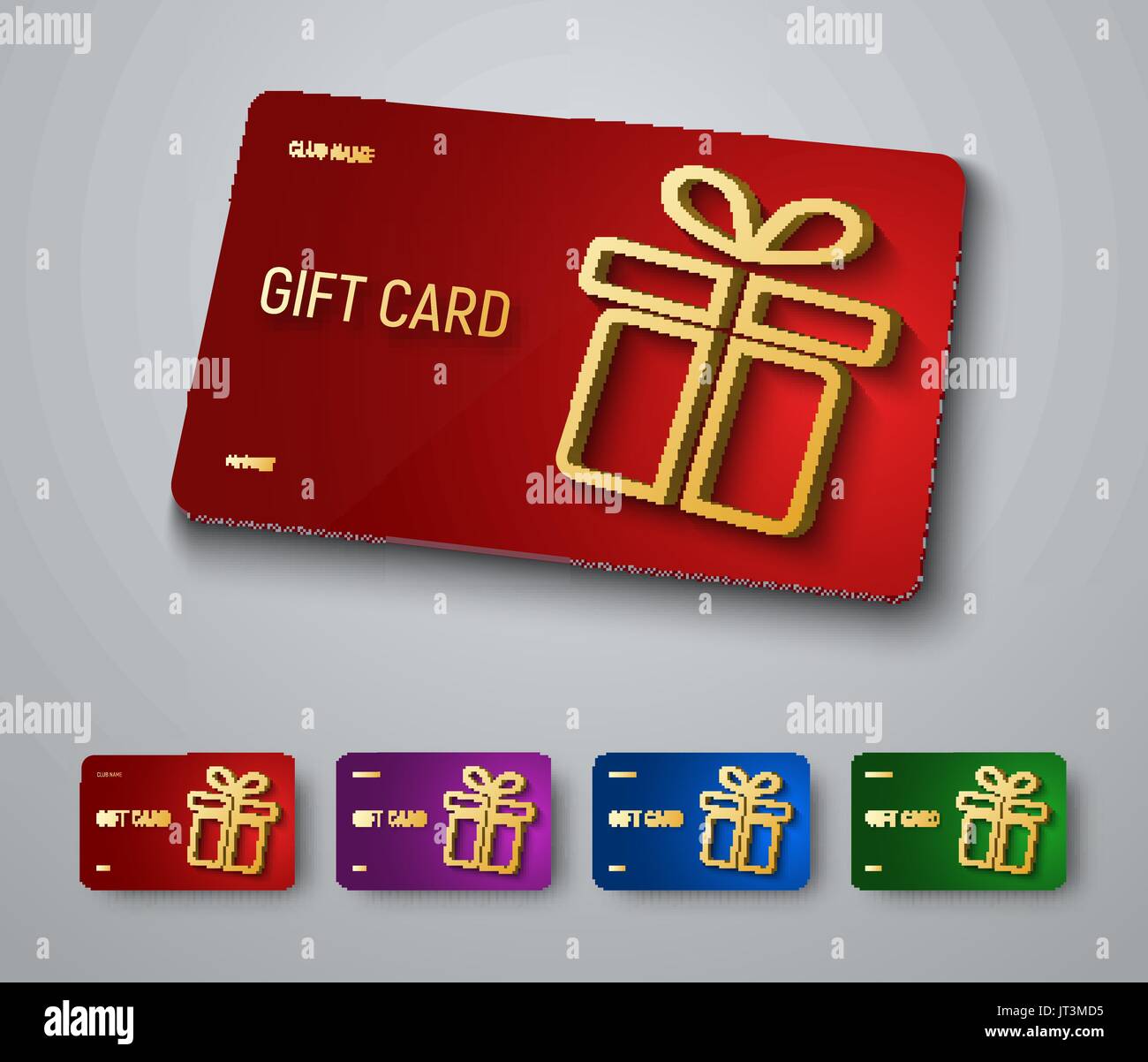 Gift card design with a gold 3D box with a shadow. A set of templates on a red, blue, purple and