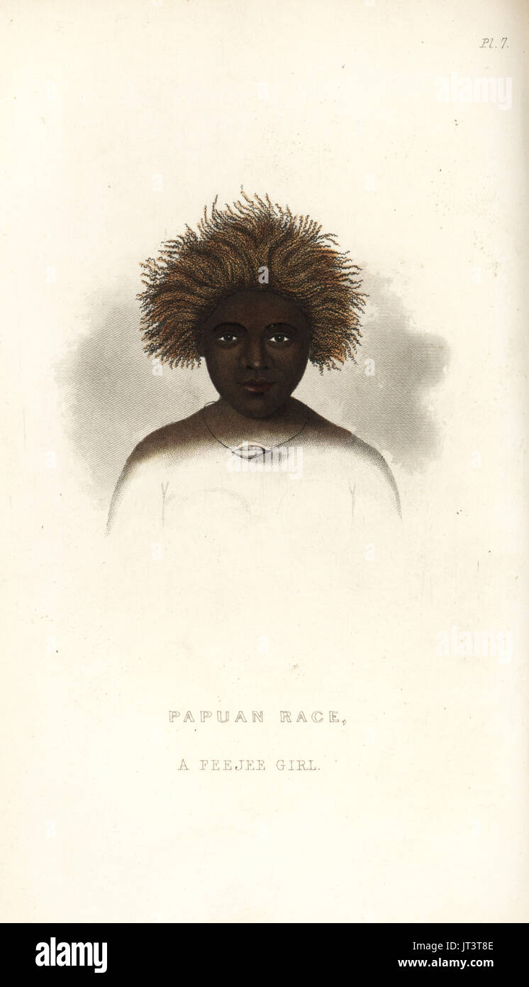 Bust of a Feejee Islands (Fiji Islands) girl, with cowrie shell necklace and bushy hair. Handcoloured steel engraving after an illustration by Alfred Agate from Charles Pickering's The Races of Man, London, 1850. Stock Photo