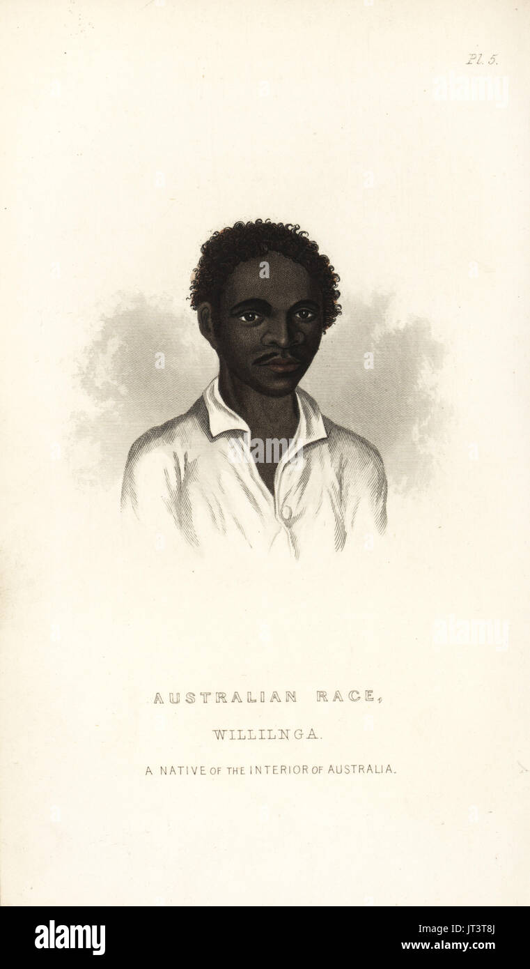Willilnga, Aboriginal man of the interior of Australia. Australian Race. Handcoloured steel engraving after an illustration by Alfred Agate from Charles Pickering's The Races of Man, London, 1850. Stock Photo