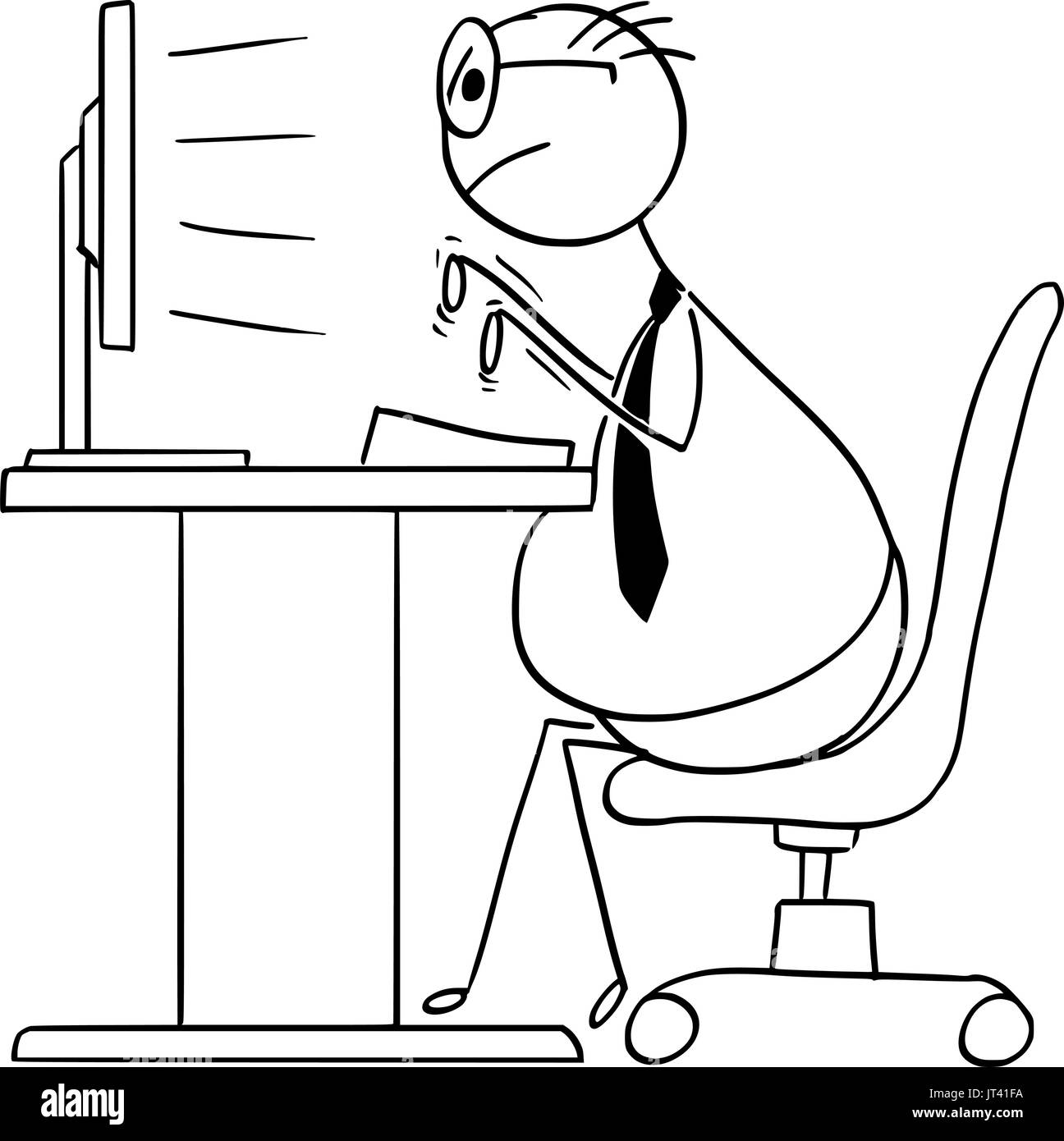 Cartoon vector stick man illustration of fat overweight programmer or clerk or office worker is sitting on the chair and typing on the computer keyboa Stock Vector