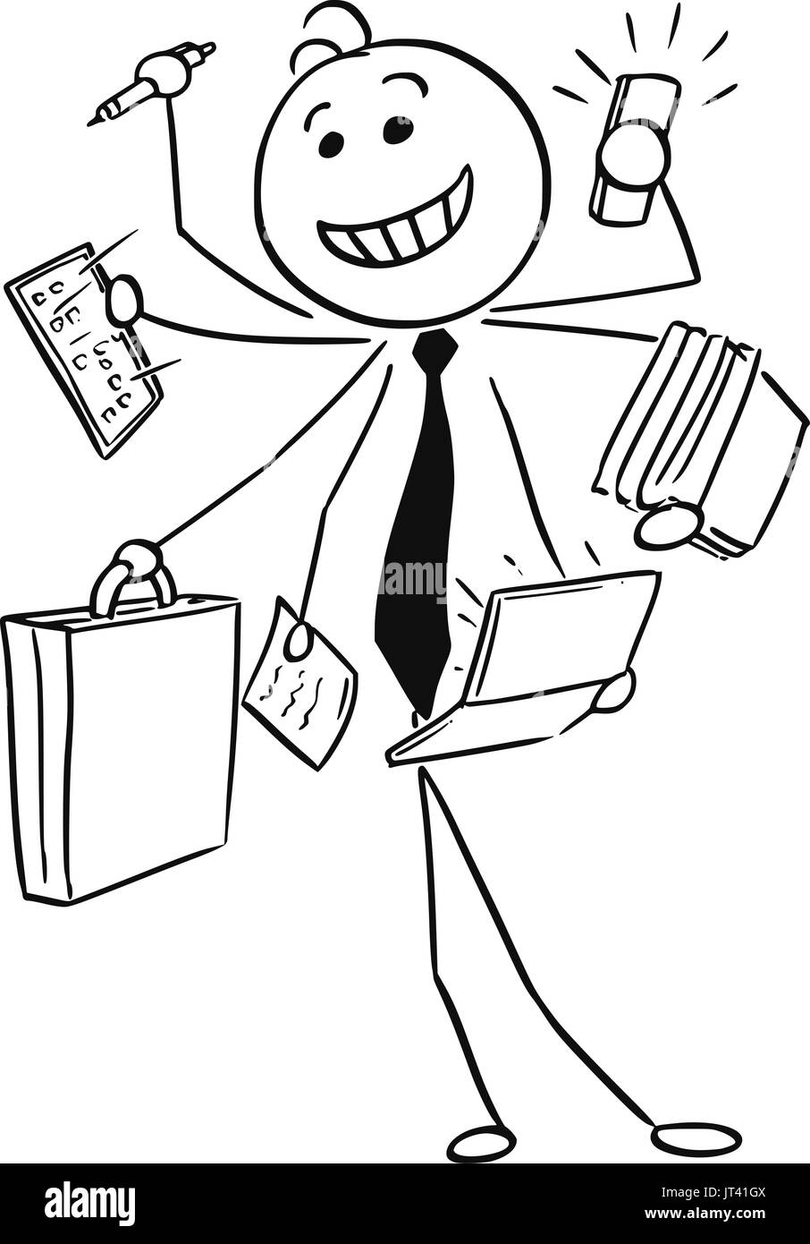 Cartoon vector stick man illustration of successful happy smiling businessman or seller working on many tasks in same time, conceptual idea of man wit Stock Vector