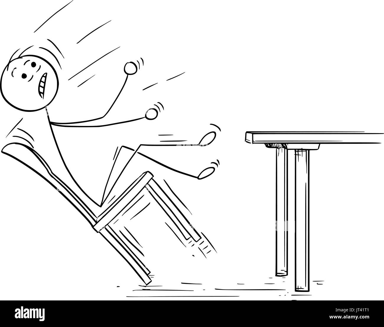 Cartoon vector illustration of  stick man rocking and falling with chair from table. Stock Vector