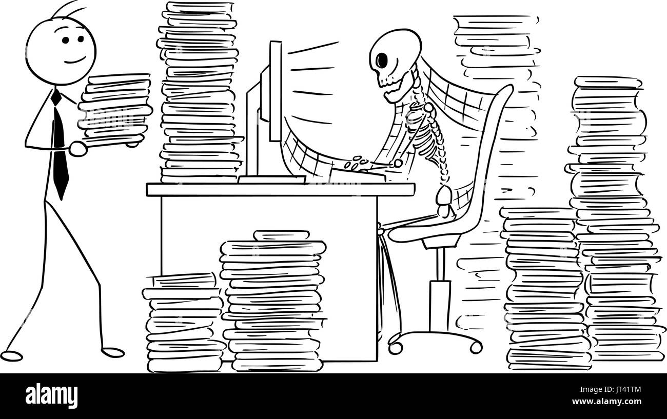 Cartoon vector illustration of forgotten human skeleton of dead businessman or clerk sitting in front of computer in office with files and spider webs Stock Vector