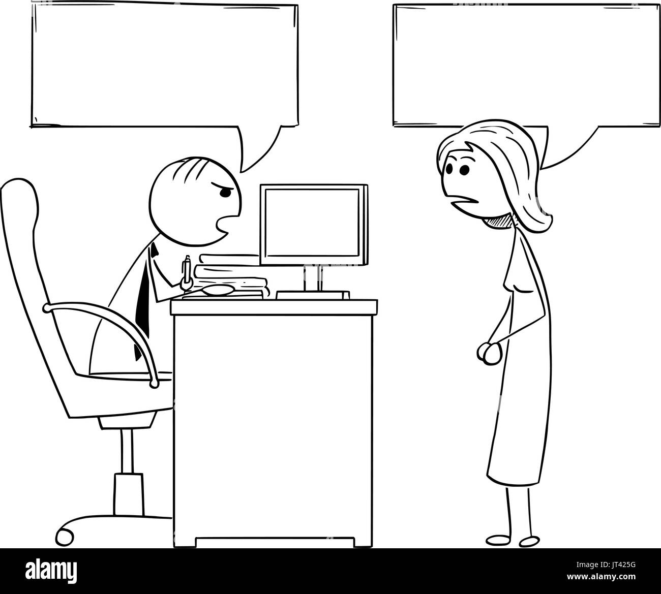 Cartoon illustration of stick man manager boss sitting in his office and talking to female employee.Two empty speech bubbles or balloons above their h Stock Vector