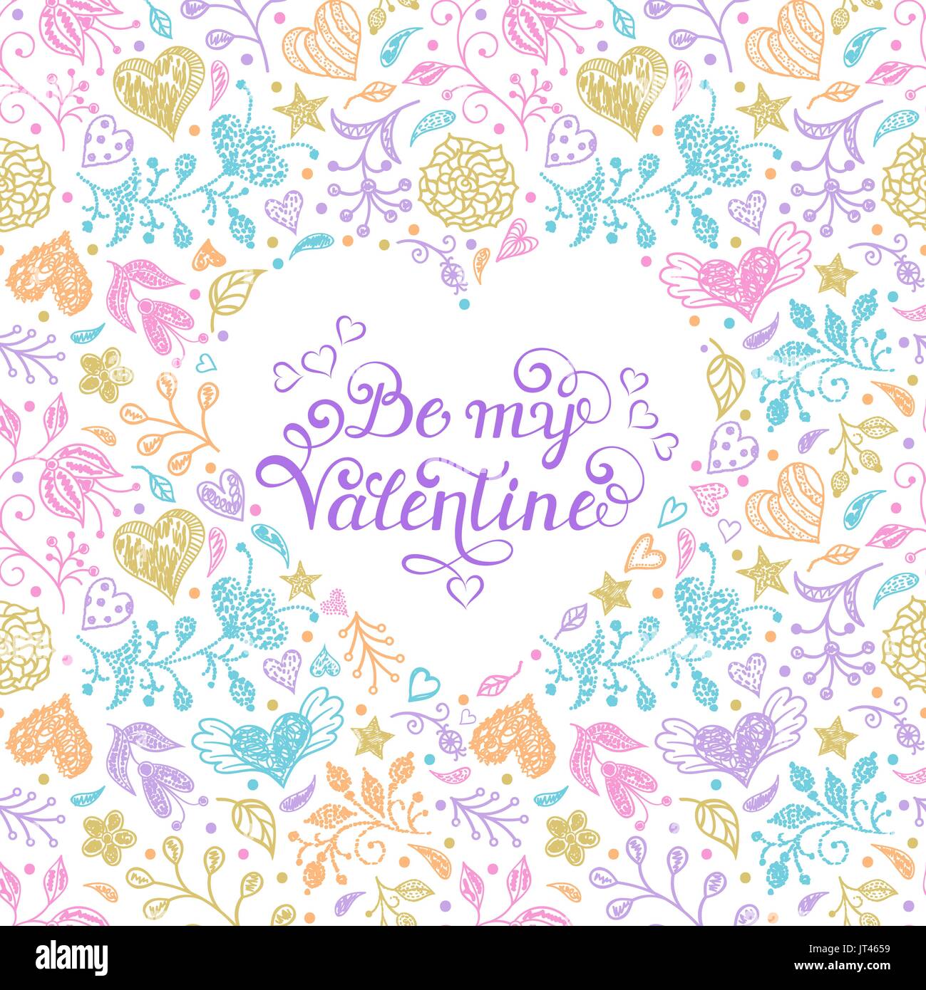 Colorful card with hand drawn flowers and hearts.Vector illustration ...