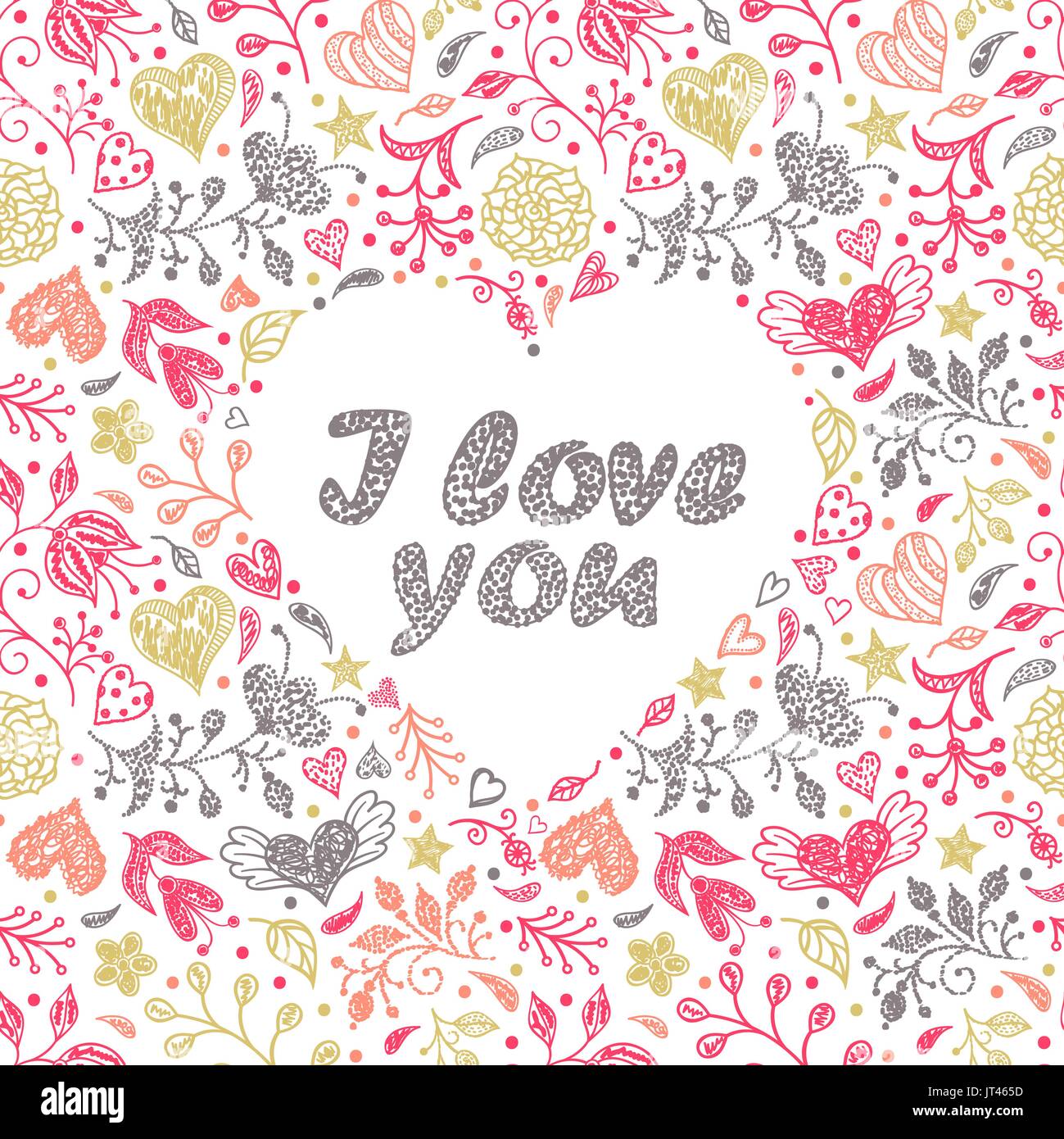 Colorful card with hand drawn flowers and hearts.Vector illustration ...