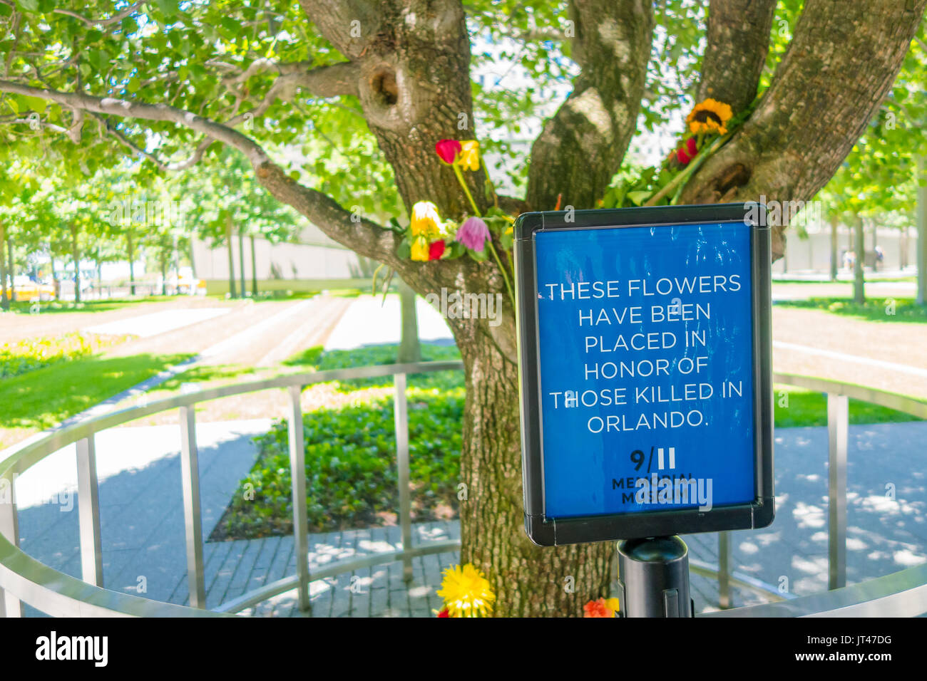 NEW YORK, USA - MAY 05, 2017: Flowers in memorial museum near One World Trade Center, view from street level located in New York City Usa Stock Photo
