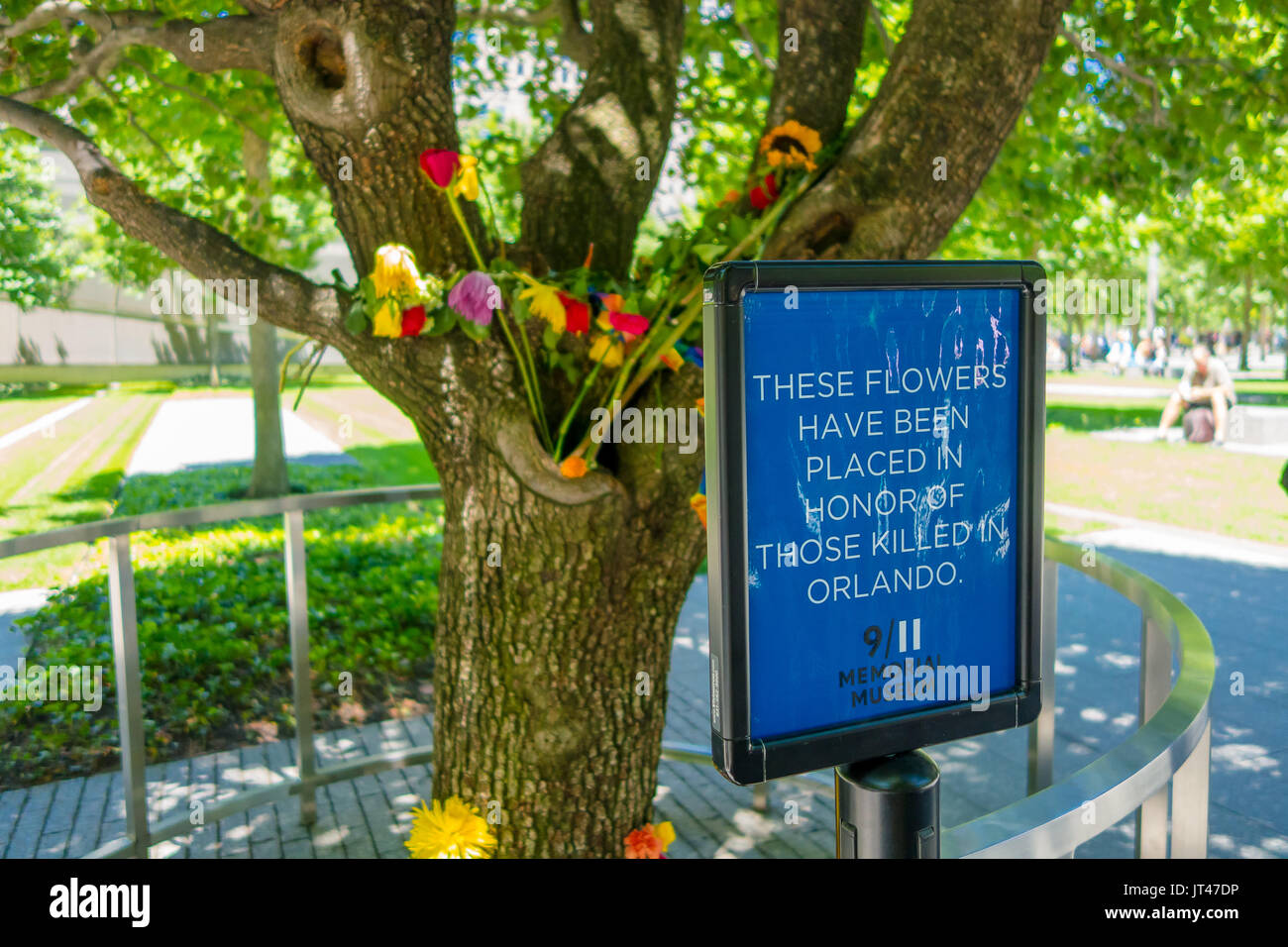 NEW YORK, USA - MAY 05, 2017: Flowers in memorial museum near One World Trade Center, view from street level located in New York City Usa Stock Photo
