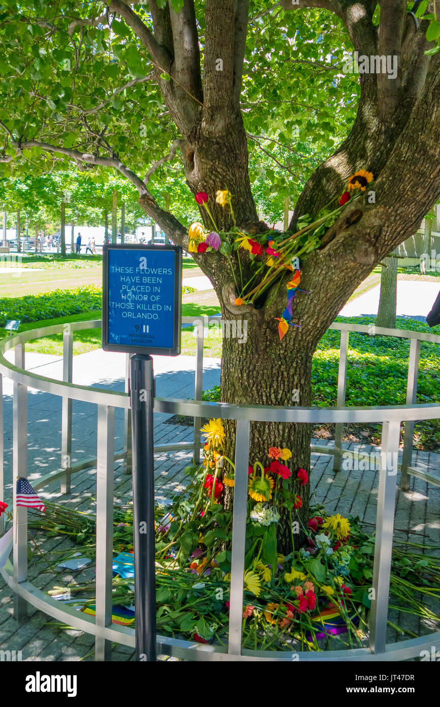 NEW YORK, USA - MAY 05, 2017: Flowers in memorial museum near One World Trade Center, view from street level located in New York City Usa Stock Photo