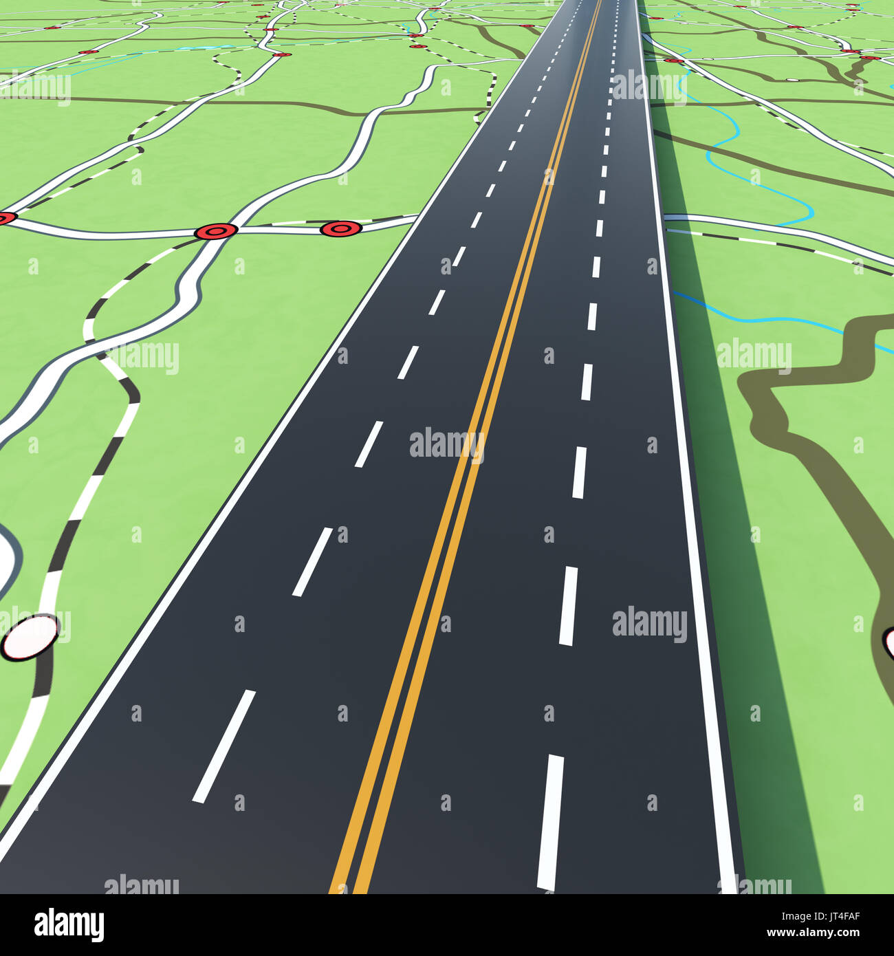 Highway on a road map. 3D Rendering Stock Photo