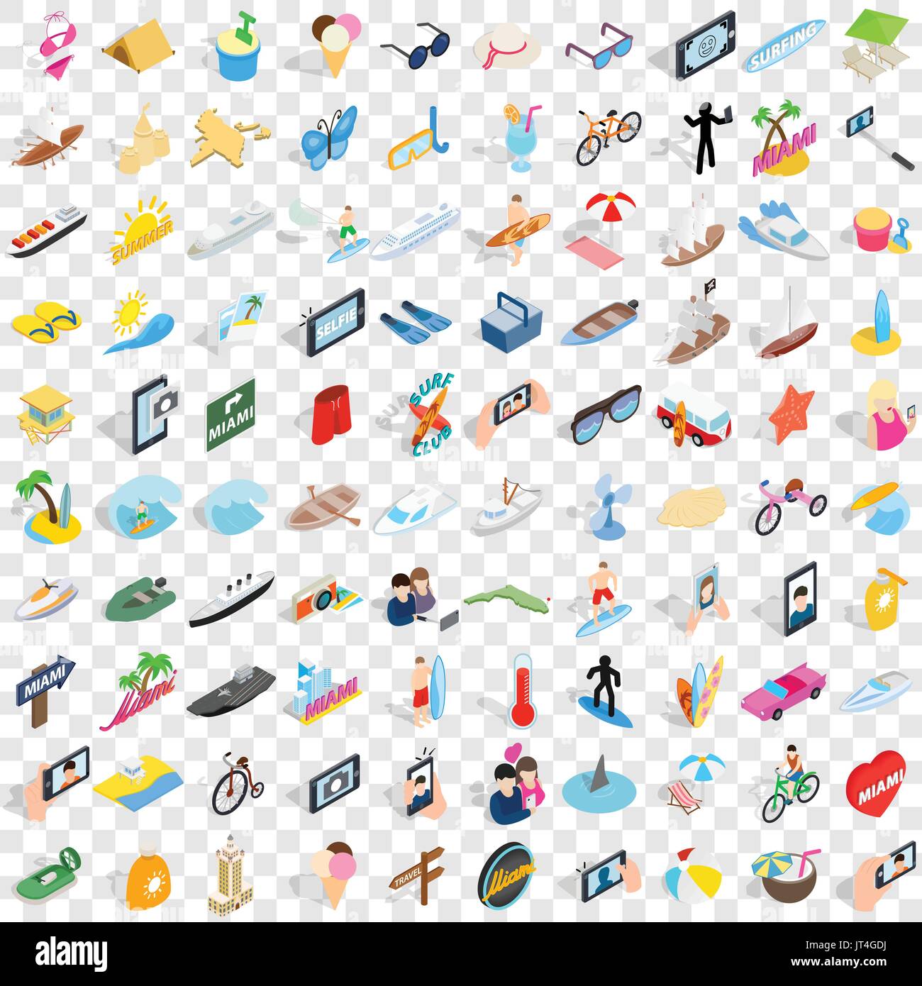 100 summer icons set, isometric 3d style Stock Vector