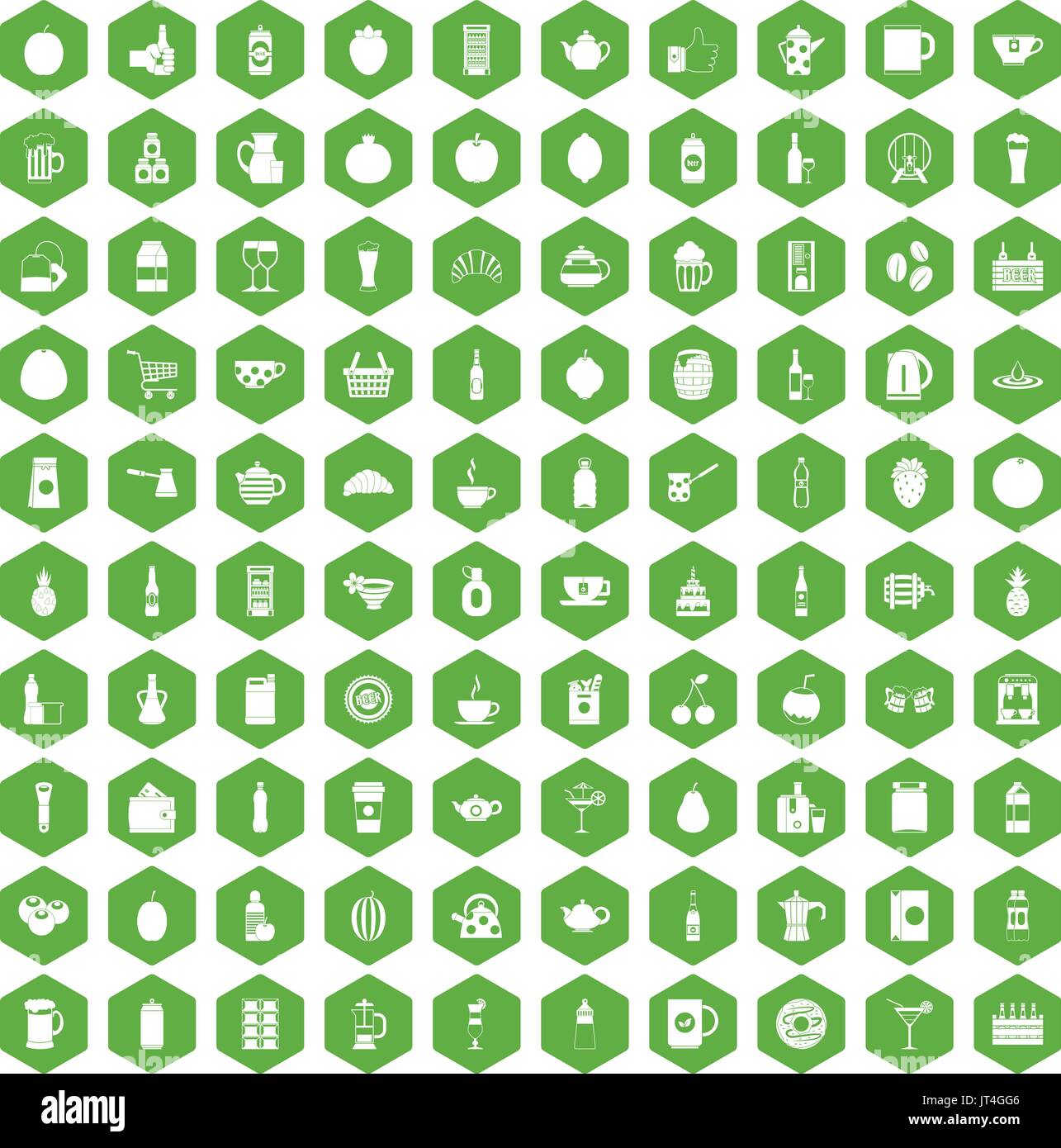 100 beverage icons hexagon green Stock Vector