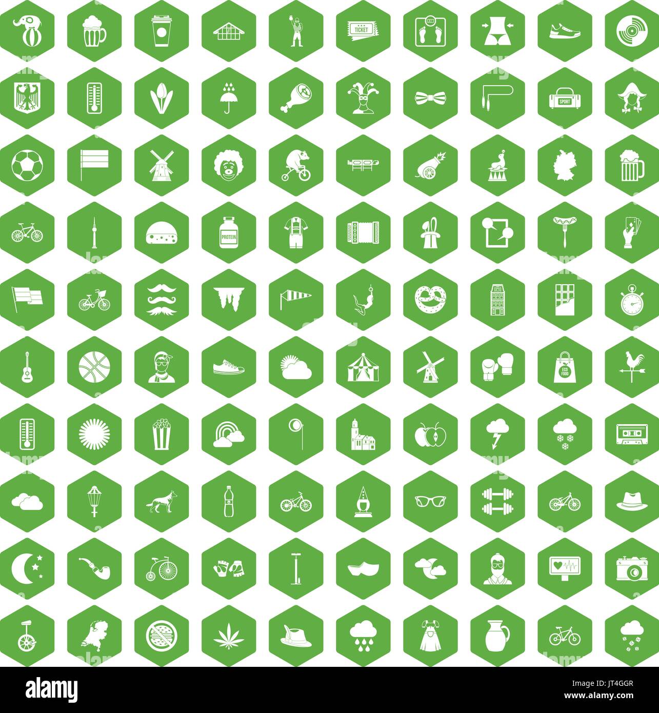 100 bicycle icons hexagon green Stock Vector