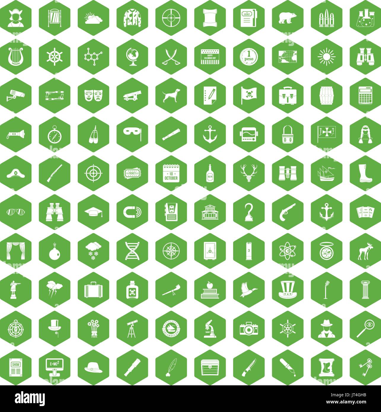 100 binoculars icons hexagon green Stock Vector