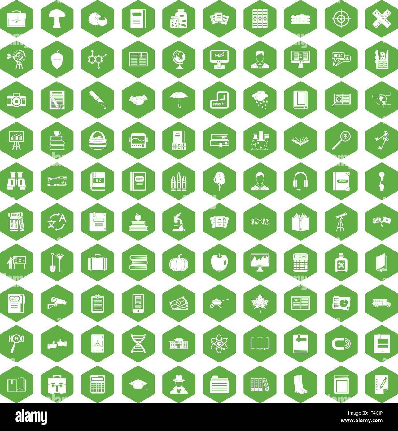100 book icons hexagon green Stock Vector