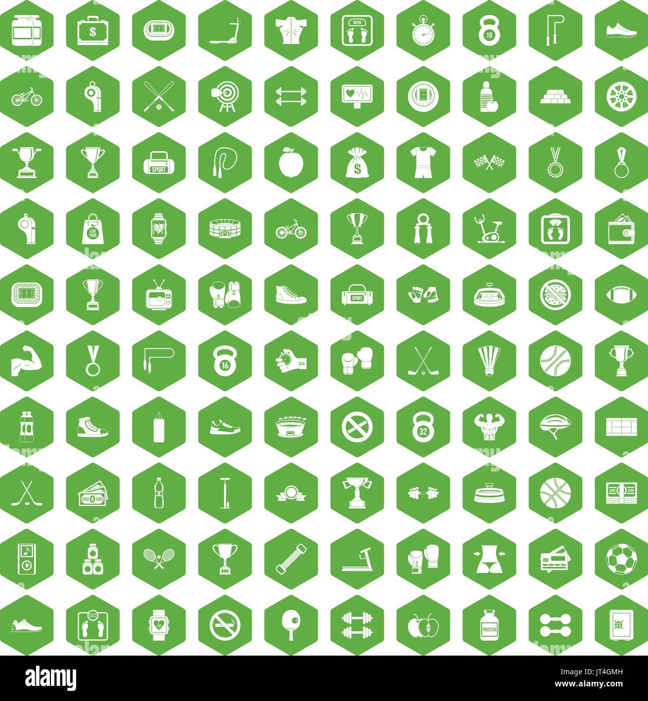100 boxing icons hexagon green Stock Vector