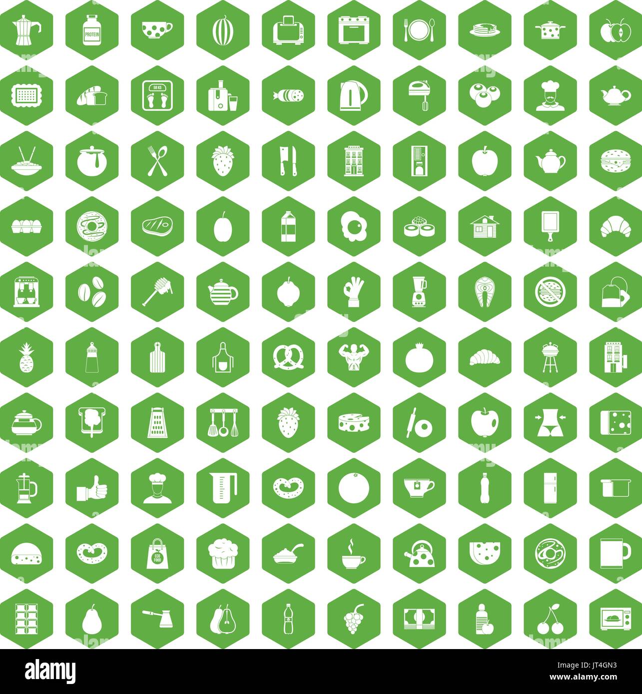 100 breakfast icons hexagon green Stock Vector