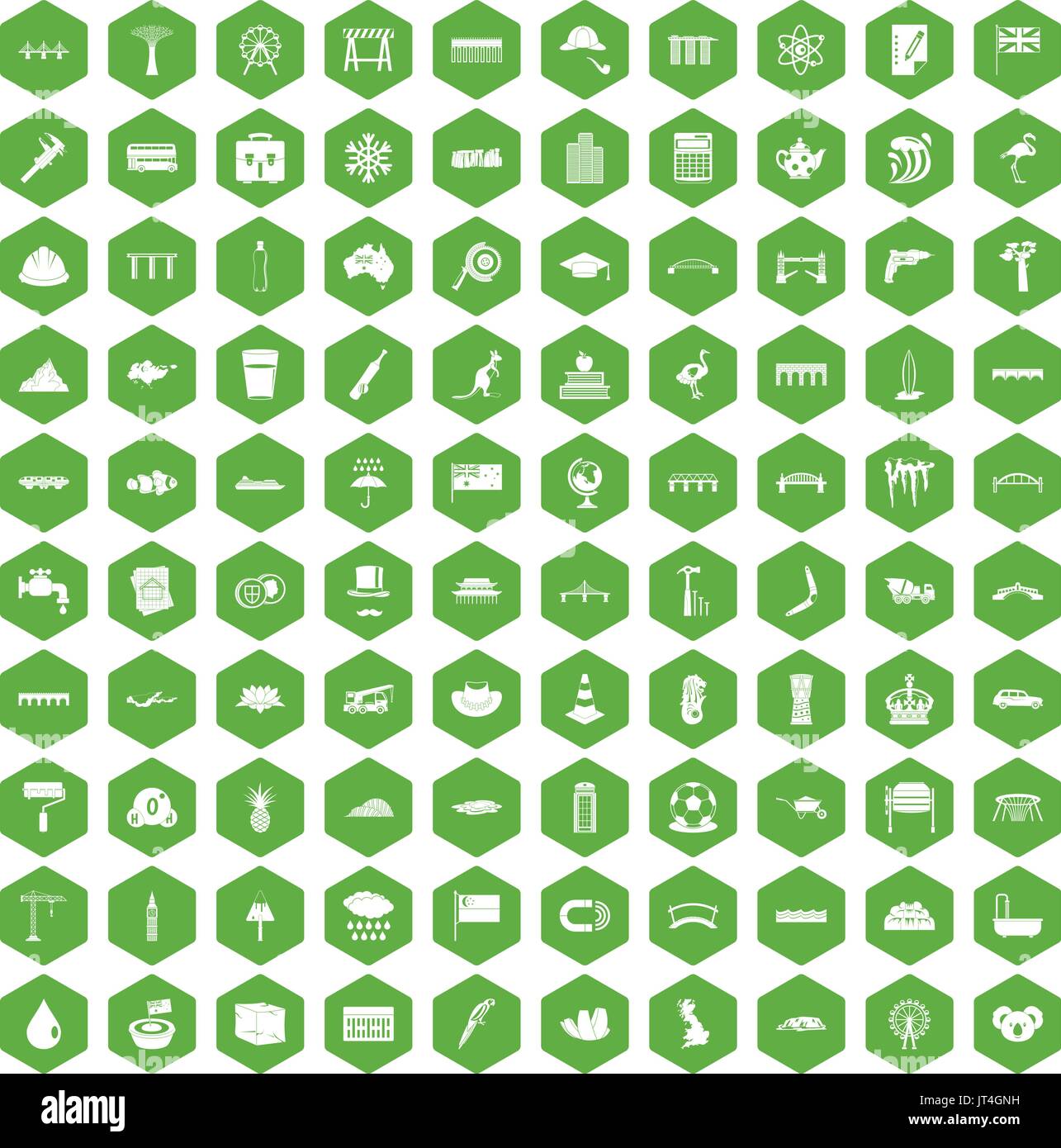 100 bridge icons hexagon green Stock Vector