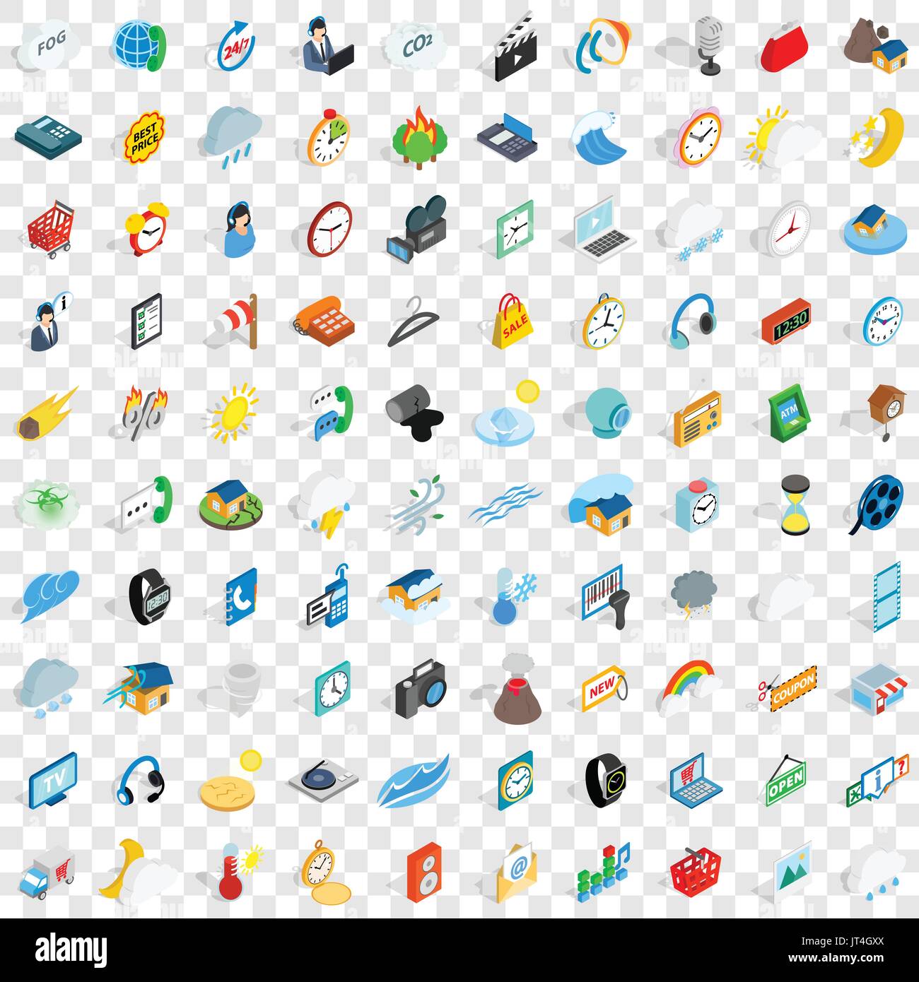100 time icons set, isometric 3d style Stock Vector
