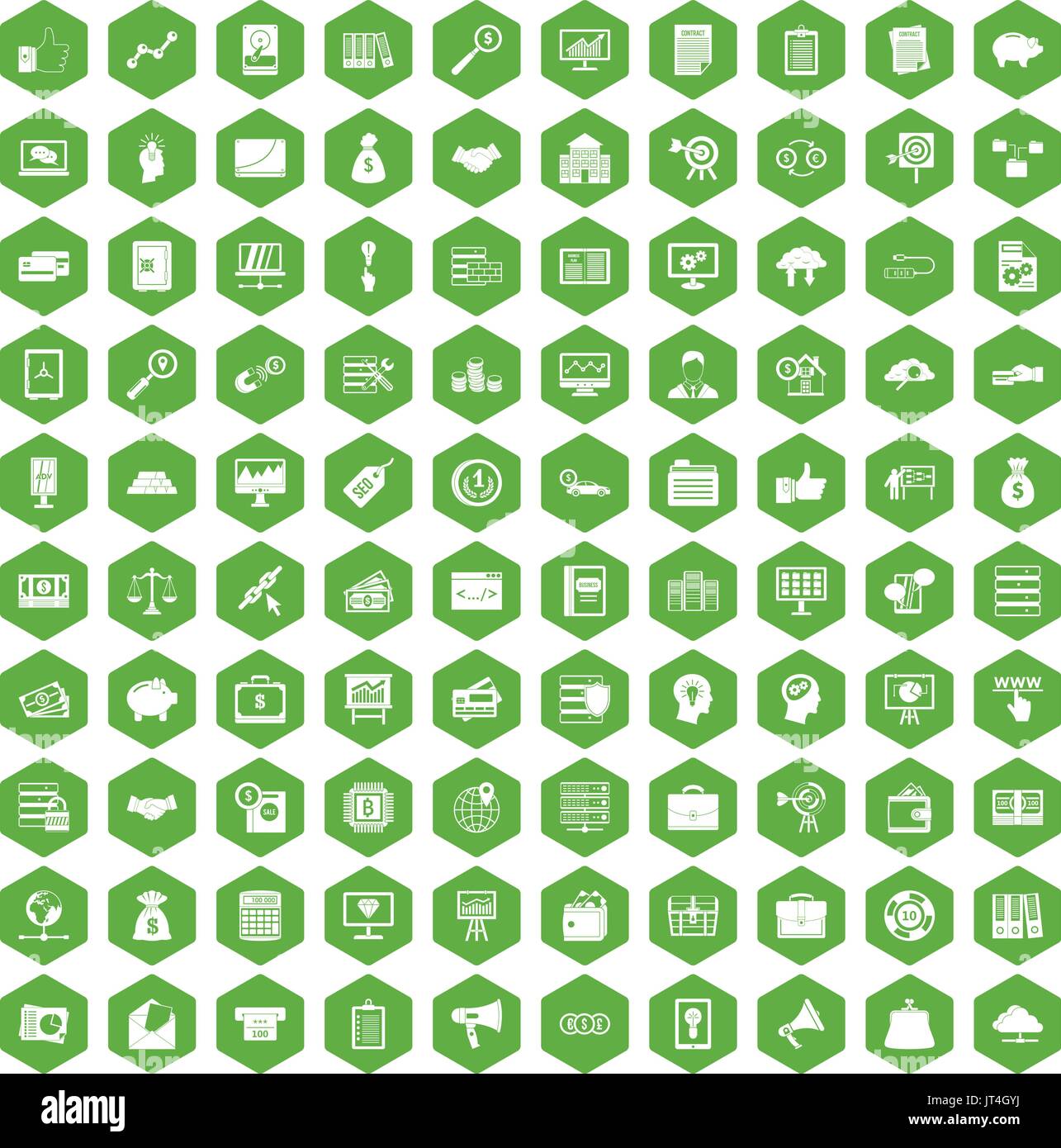 100 business process icons hexagon green Stock Vector